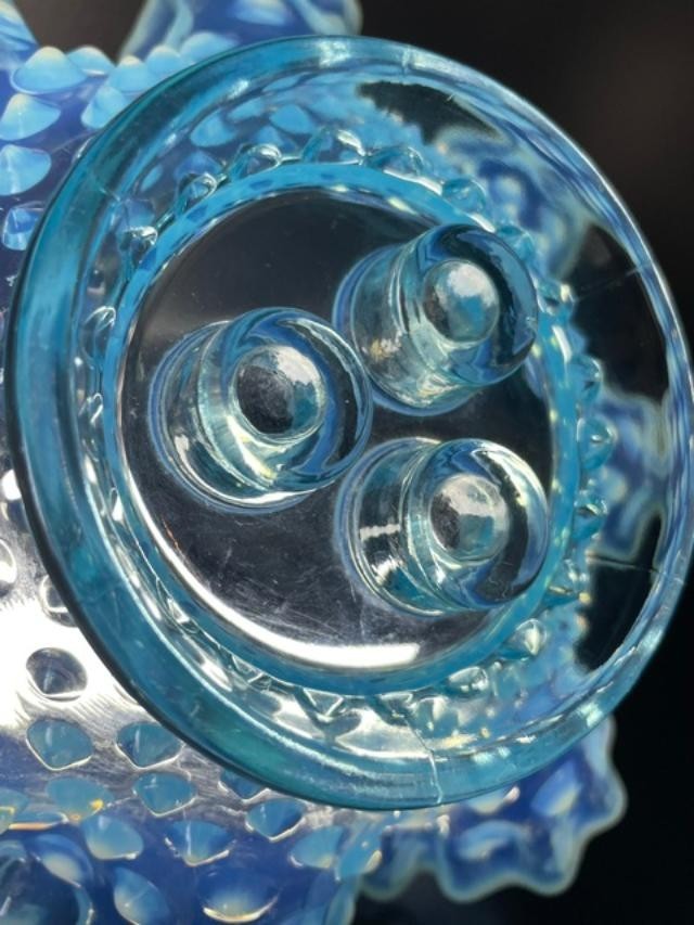 VTG Fenton Blue Opalescent Hobnail Glass Epergne Ruffled Edge BASE ONLY RARE