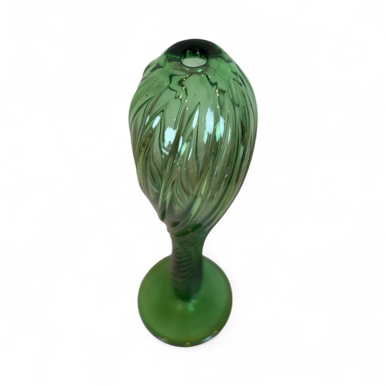 Vintage Unique Green Art Glass Blown Twist Bud Vase Signed “EP” 10” Tall