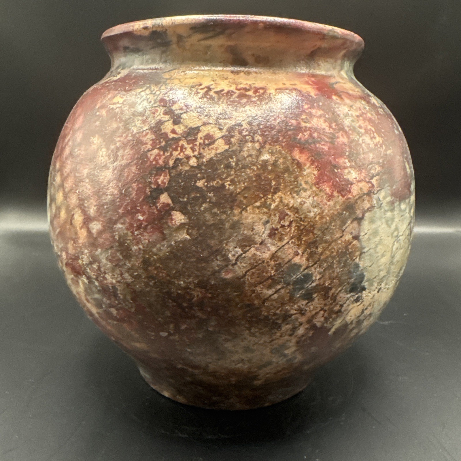 Studio Art Pottery Saggar Fired Raku Vase Signed 6.5” Tall