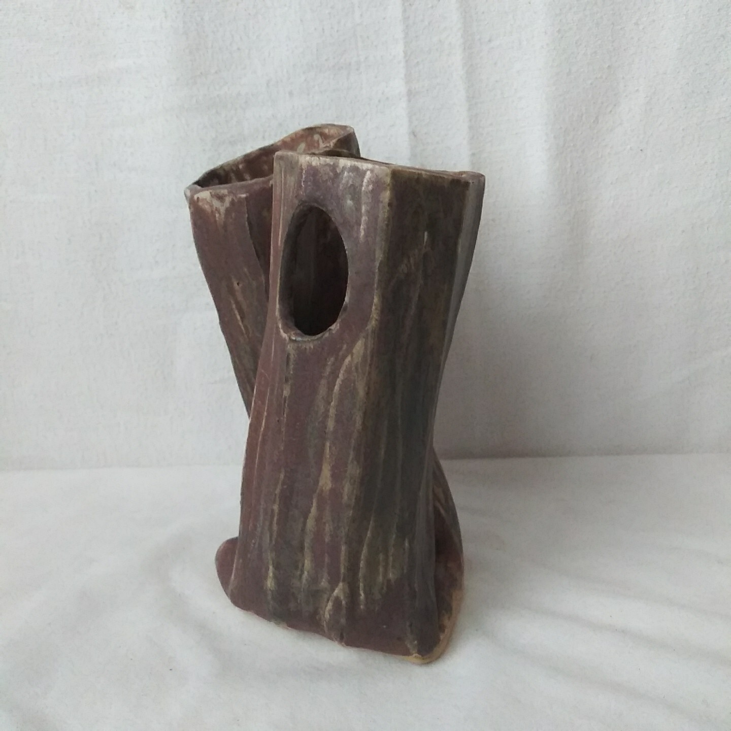 Handmade Pottery Vase Double Vessel Vintage 1998 Tree Trunk Rustic Signed