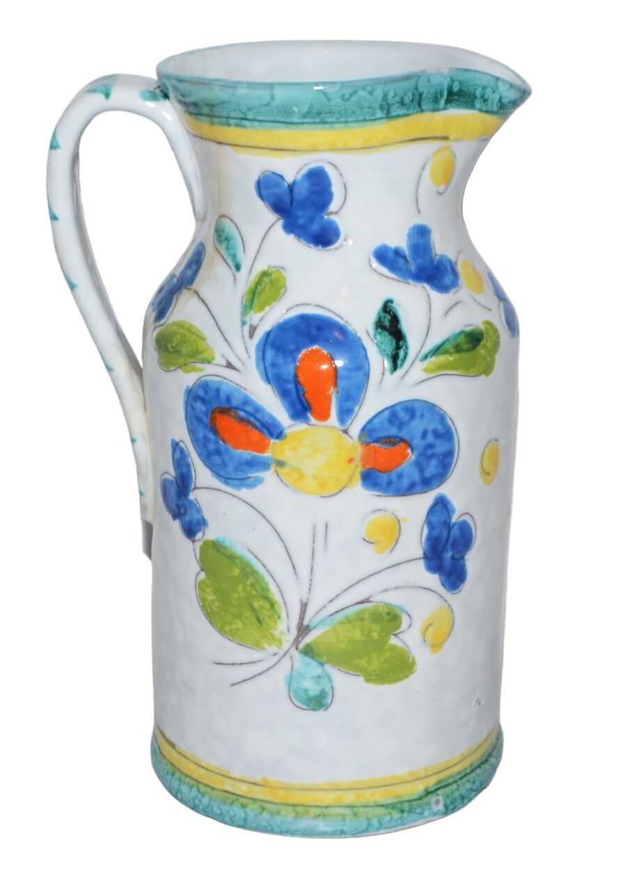 Vintage Italian Pitcher Vase Handcrafted Italy Flowers Floral Pottery Folk Art