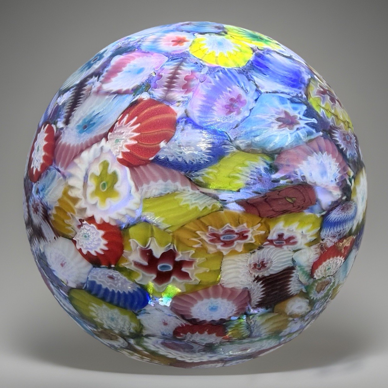Vintage Italian Murano Style Millefiori Art Glass Paperweight UV Reactive MCM 3”