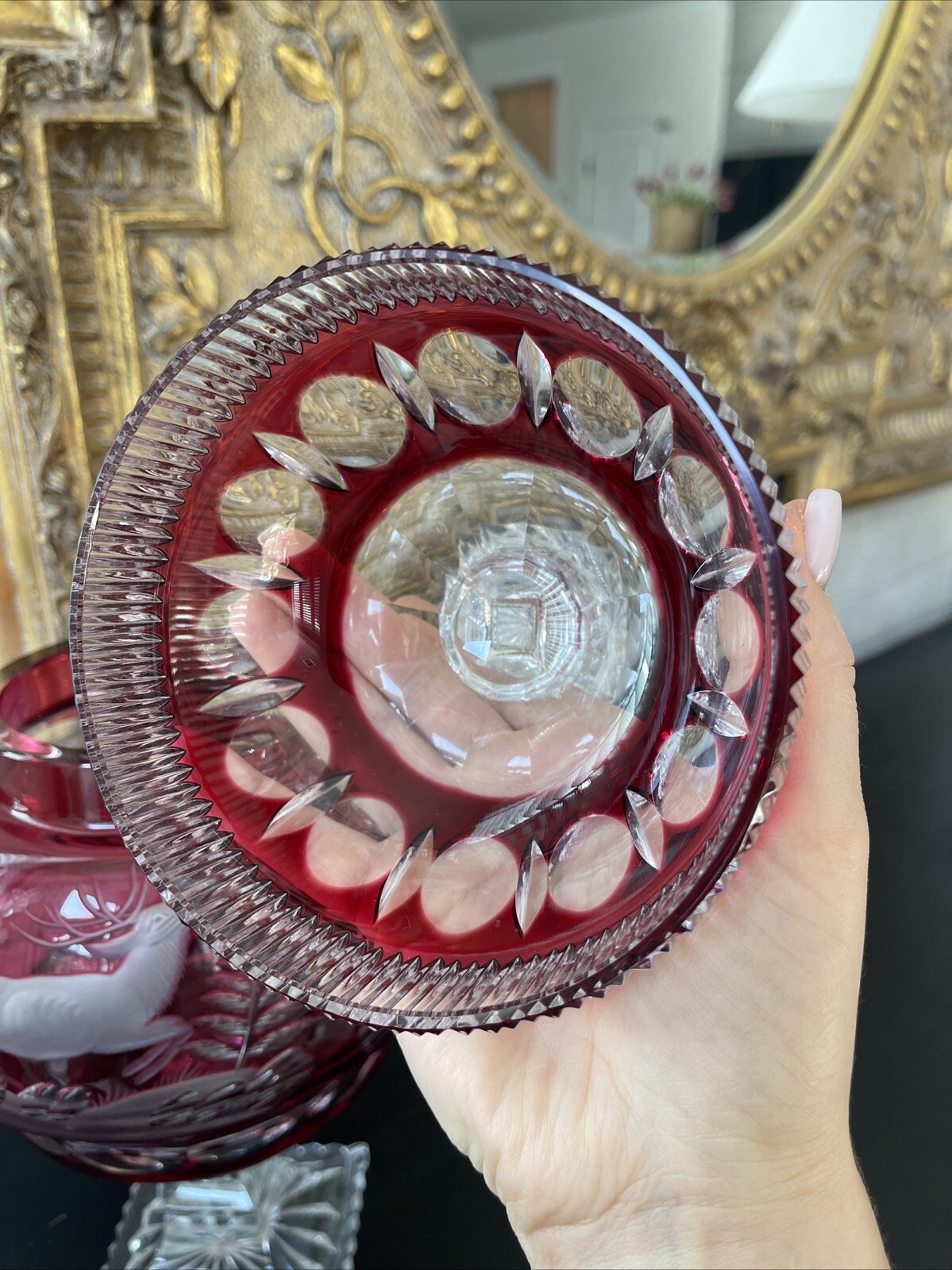 Bohemian Cranberry Crystal Czech candy box covered in Red double tail glass
