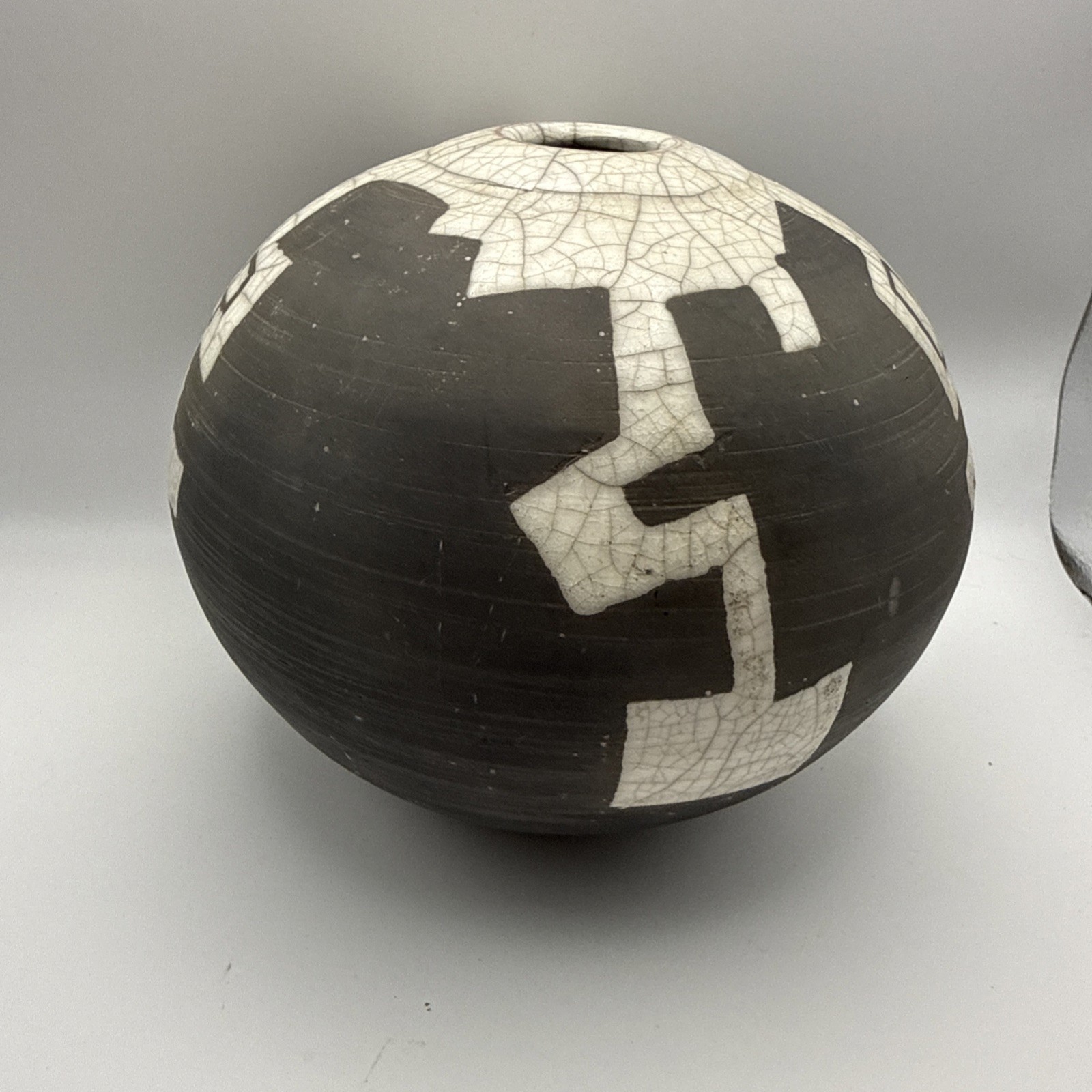 Raku Pottery Vase Seed Pot Artist Signed Vintage Art 5.5” Deep Brown Cream