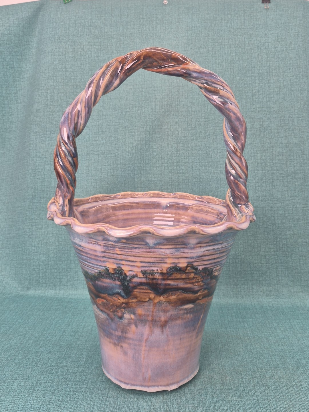 Signed Glazed Studio Art Pottery Basket ~ Rich Blues and Browns ~ 14.5″ Tall