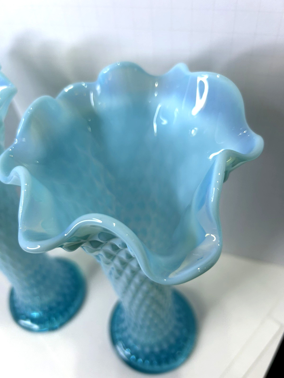 Antique Pair Northwood Diamond Point Aqua Blue Opalescent Swung Stretch Vases