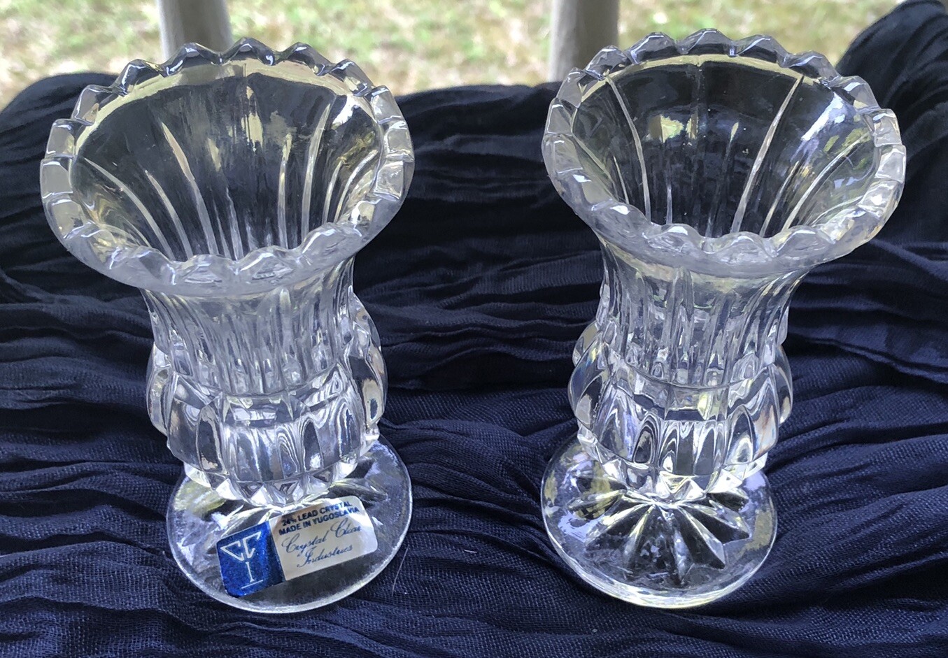 VTG Lead Crystal Bud Vase Pair Yugoslavia 4″ Faceted Crystal Clear Industries