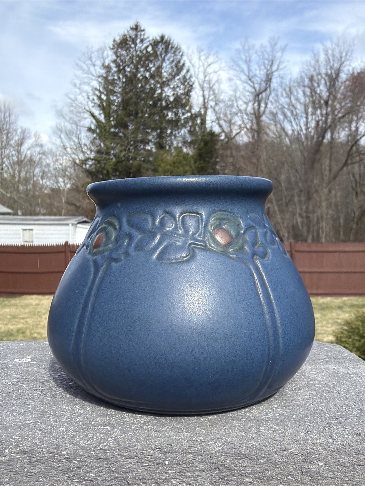 MARBLEHEAD POTTERY ARTS & CRAFTS BLUE VASE WITH BERRIES & FRUITING TREES