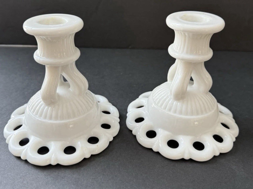 Vintage Westmoreland 1950s Milk Glass Doric Lace Candlestick Holders Set (2)