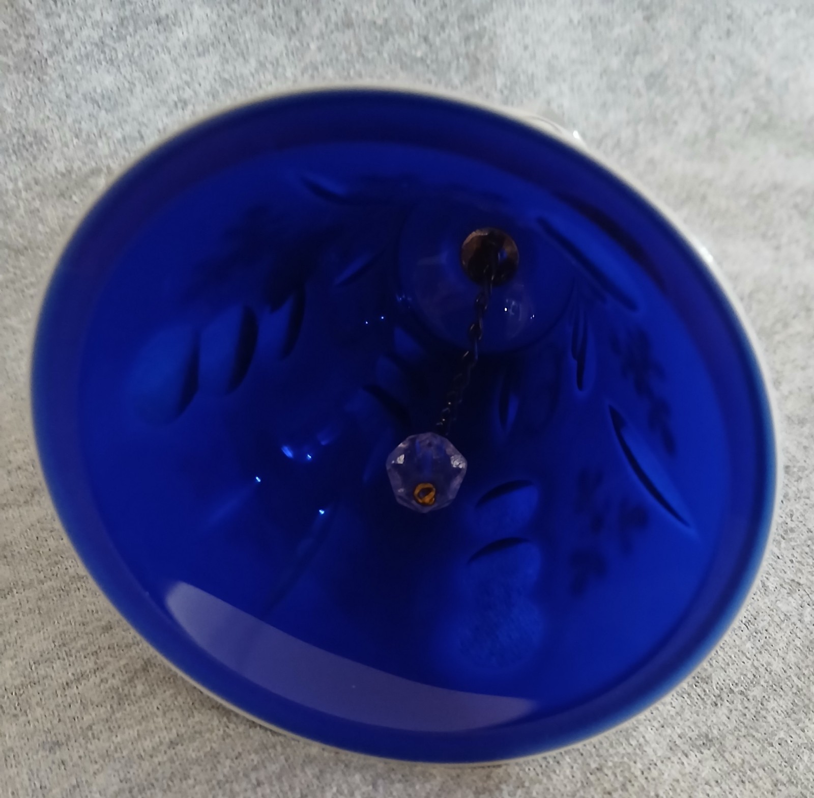 Bohemia Crystal White Cut To Cobalt Blue Bell Hand Painted Flowers Czecholovakia