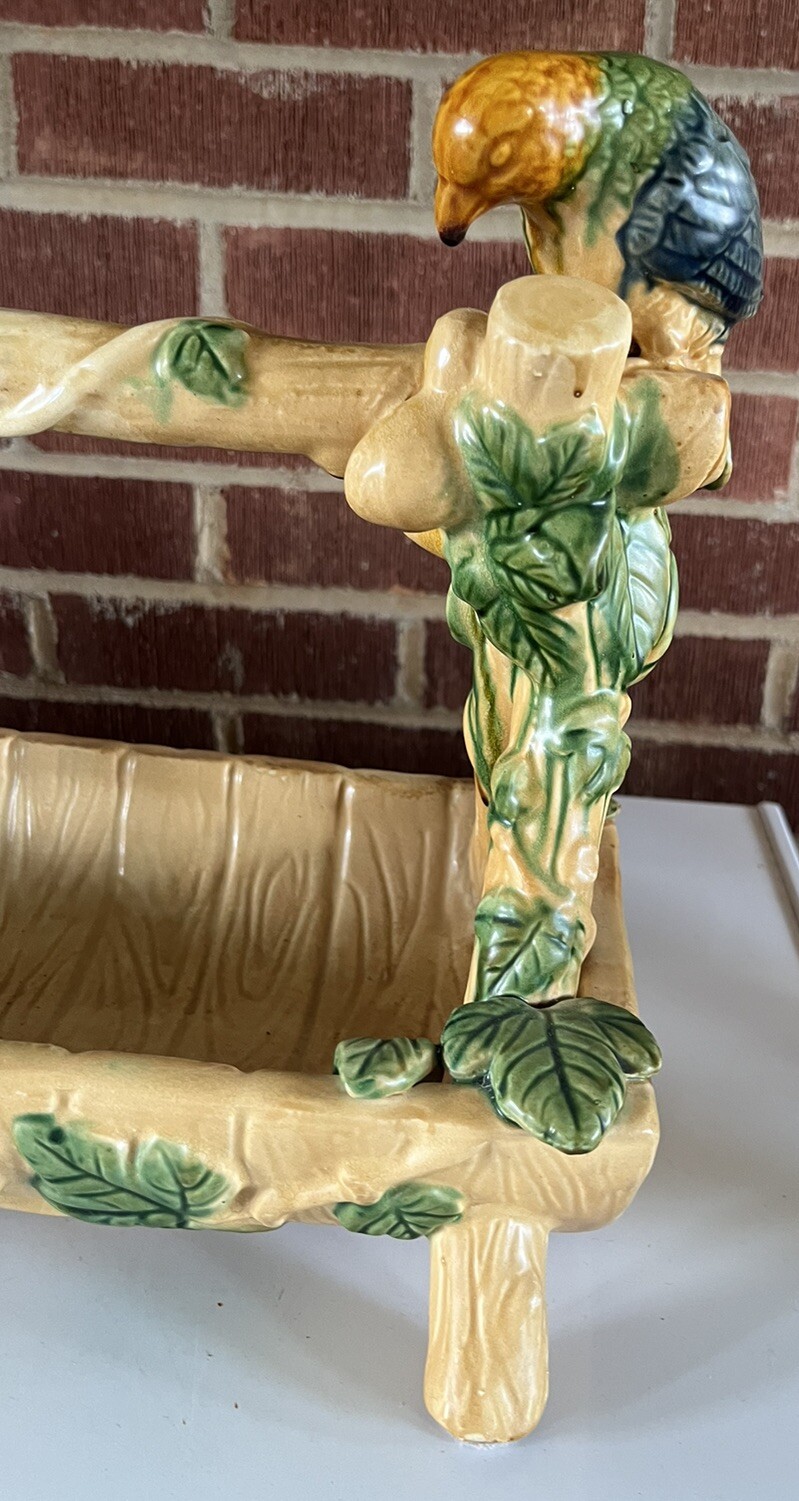 Victorian Pottery Strawberry Server Basket Planter 12” Parrots Birds Vintage