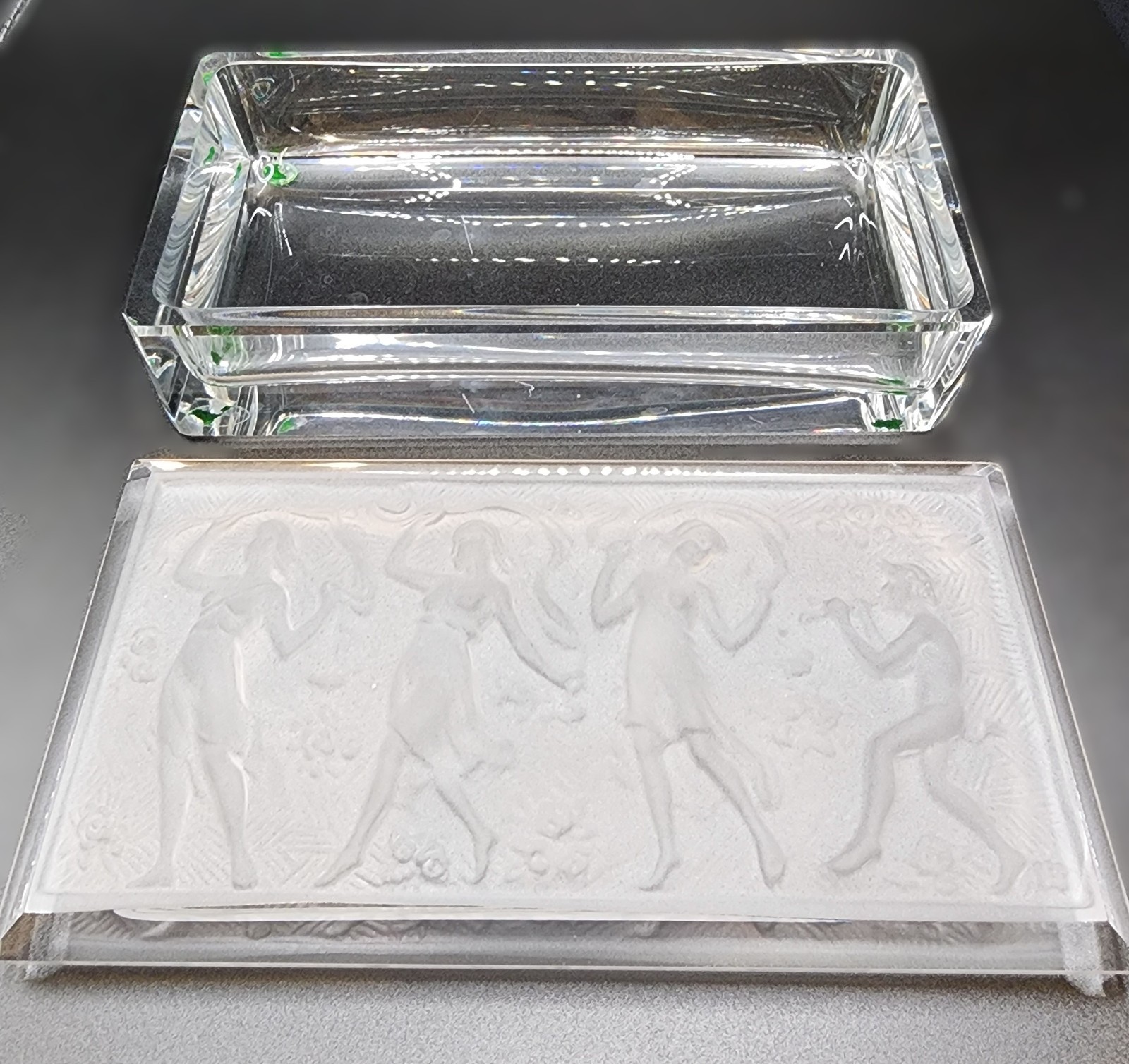 1950’S CZECH ART DECO FROSTED ART GLASS NYMPH LEAD CRYSTAL LIDDED BOX