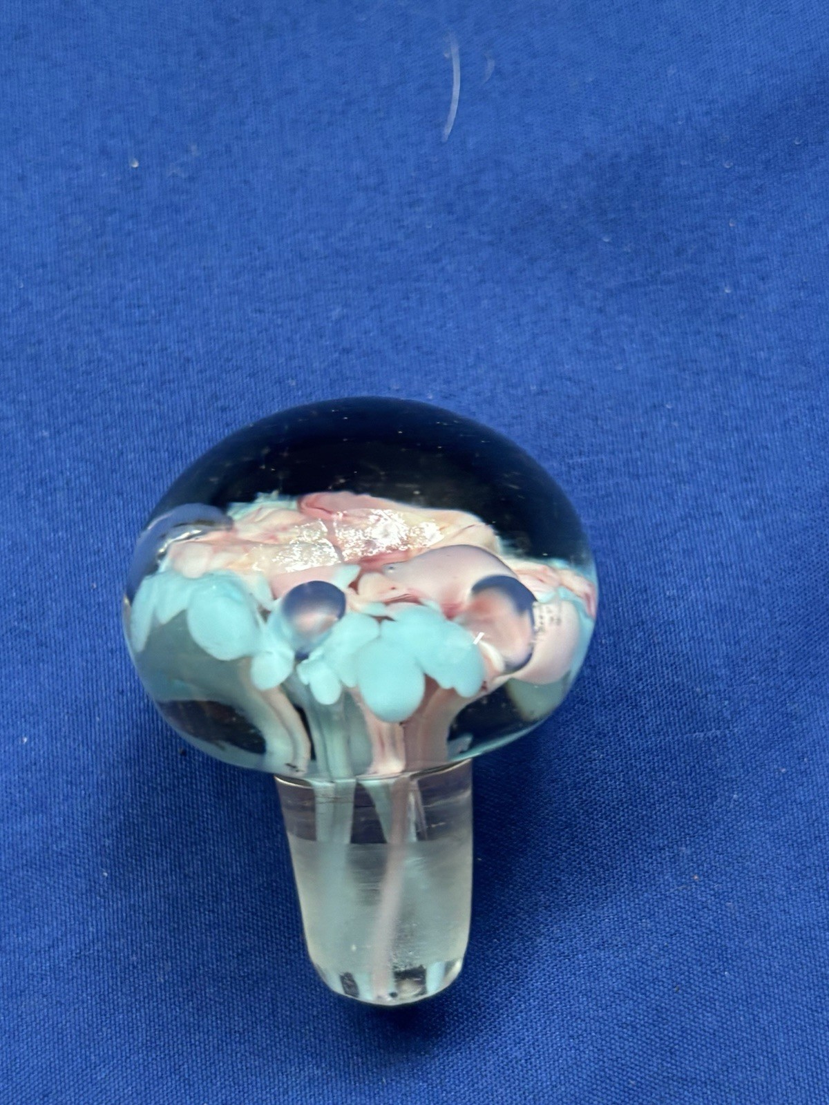 Vintage Art Glass PINK & BLUE Flowers Bottle Stopper Round 2 x 2 1/4″ Blue Base