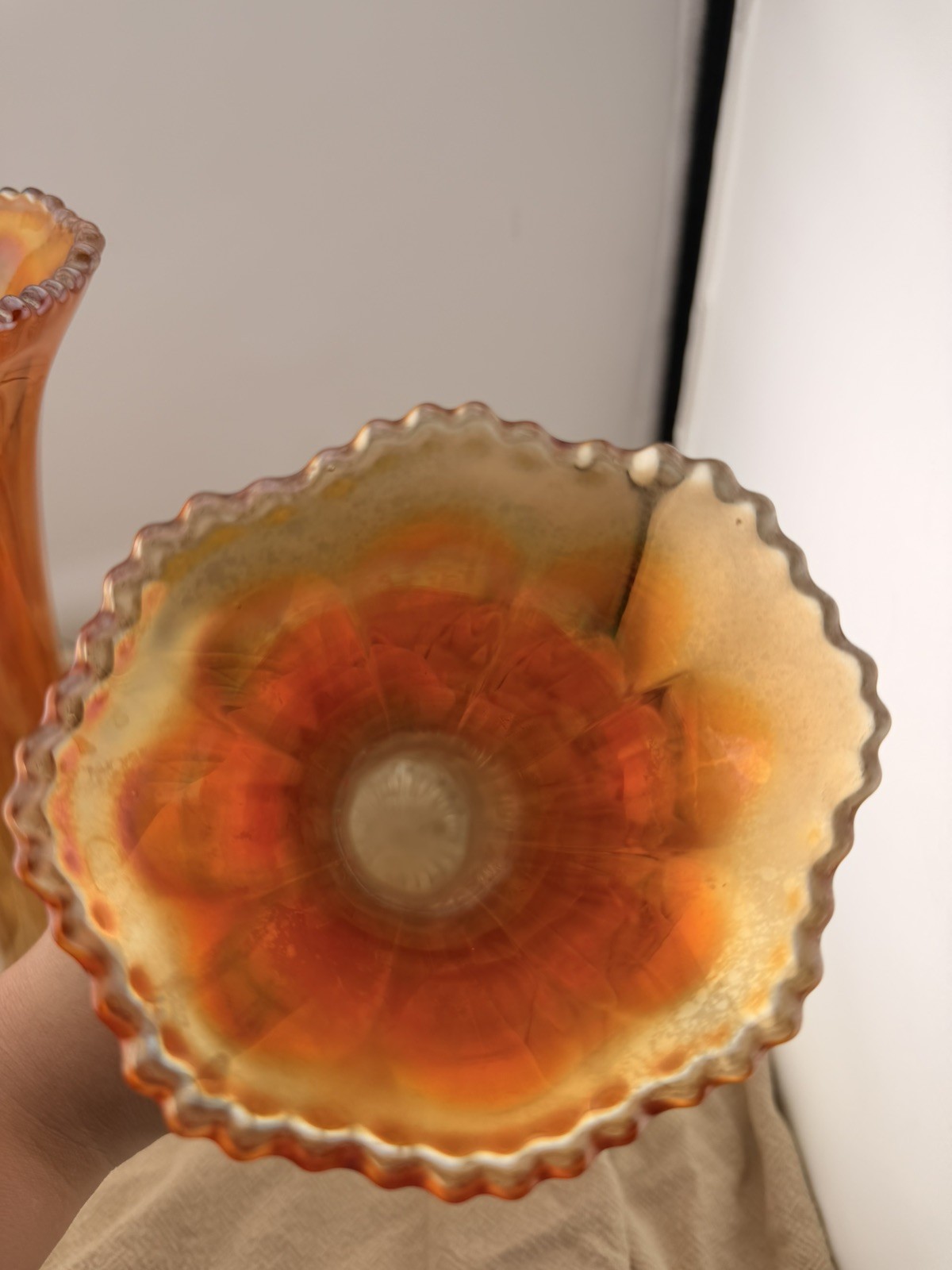 Pair Vintage Marigold Carnival Glass Trumpet Vases Ruffled Iridescent 12 In
