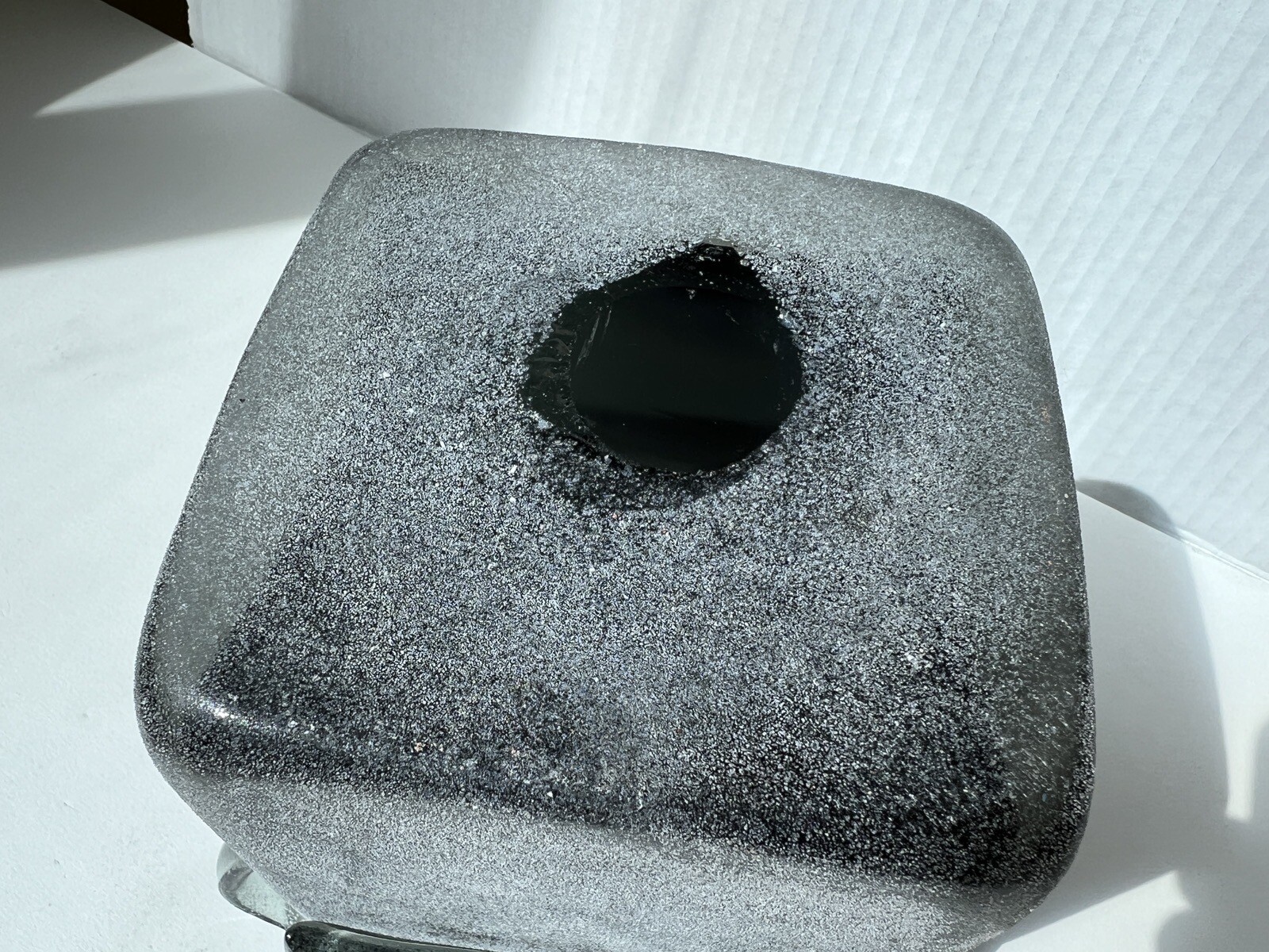 Studio Art Mouth Blown Grey Heavy Glass Cube Vase Folded Top and Frosted Texture
