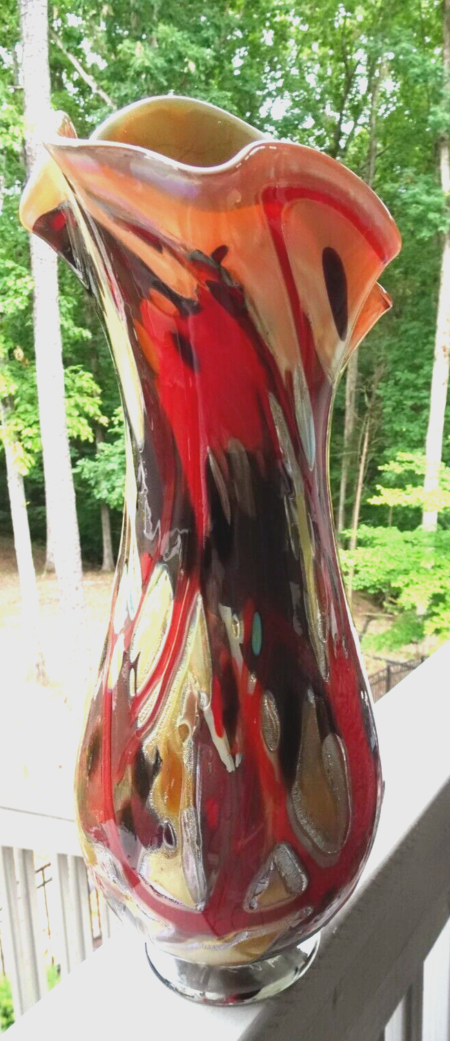 Signed Sy Dowling 14.5″ Freeform Studio Art Glass “Flambe” Vase 2014
