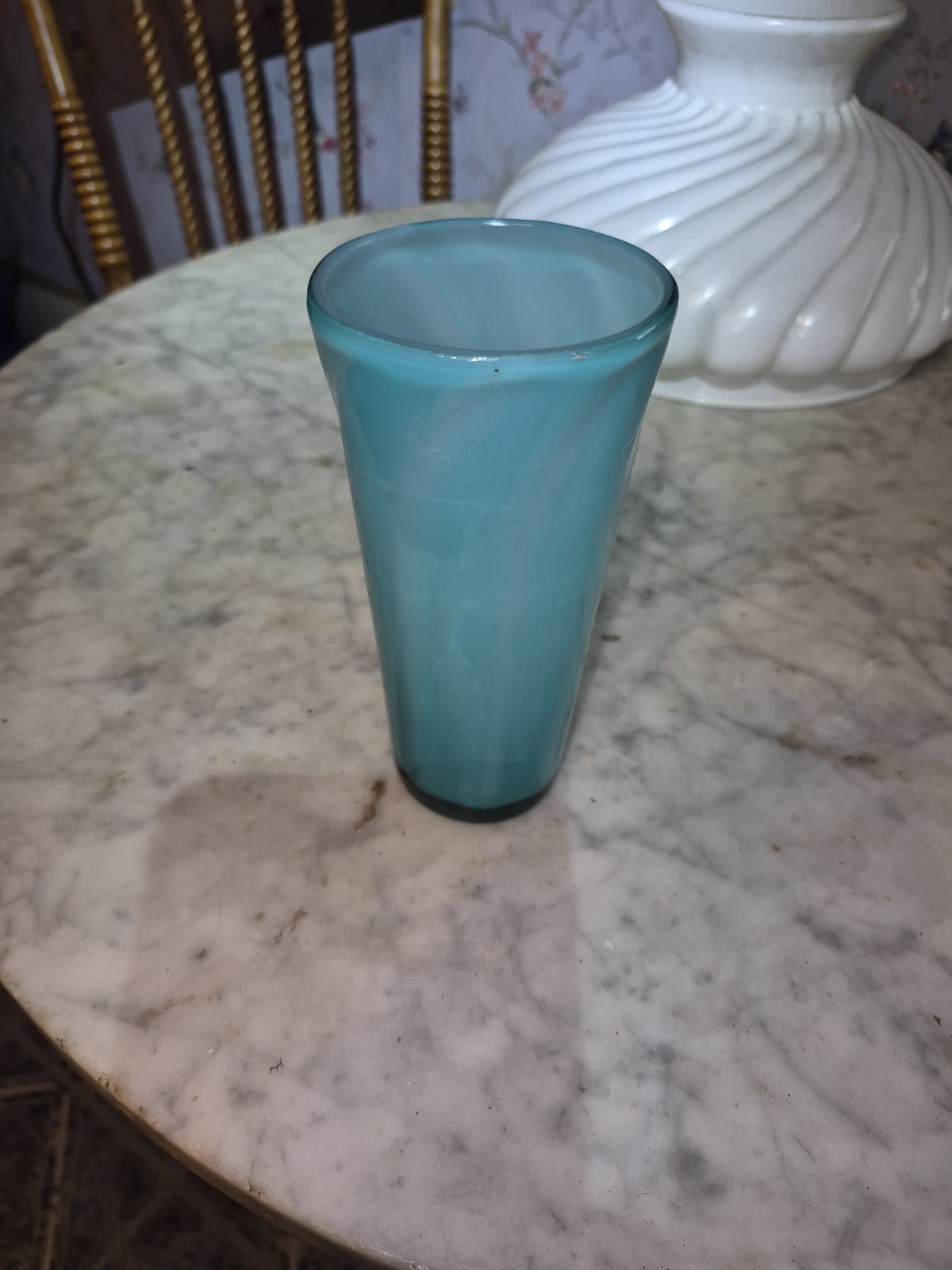 Vintage 6.75″ Blue & White Swirl Marble Glass Vase