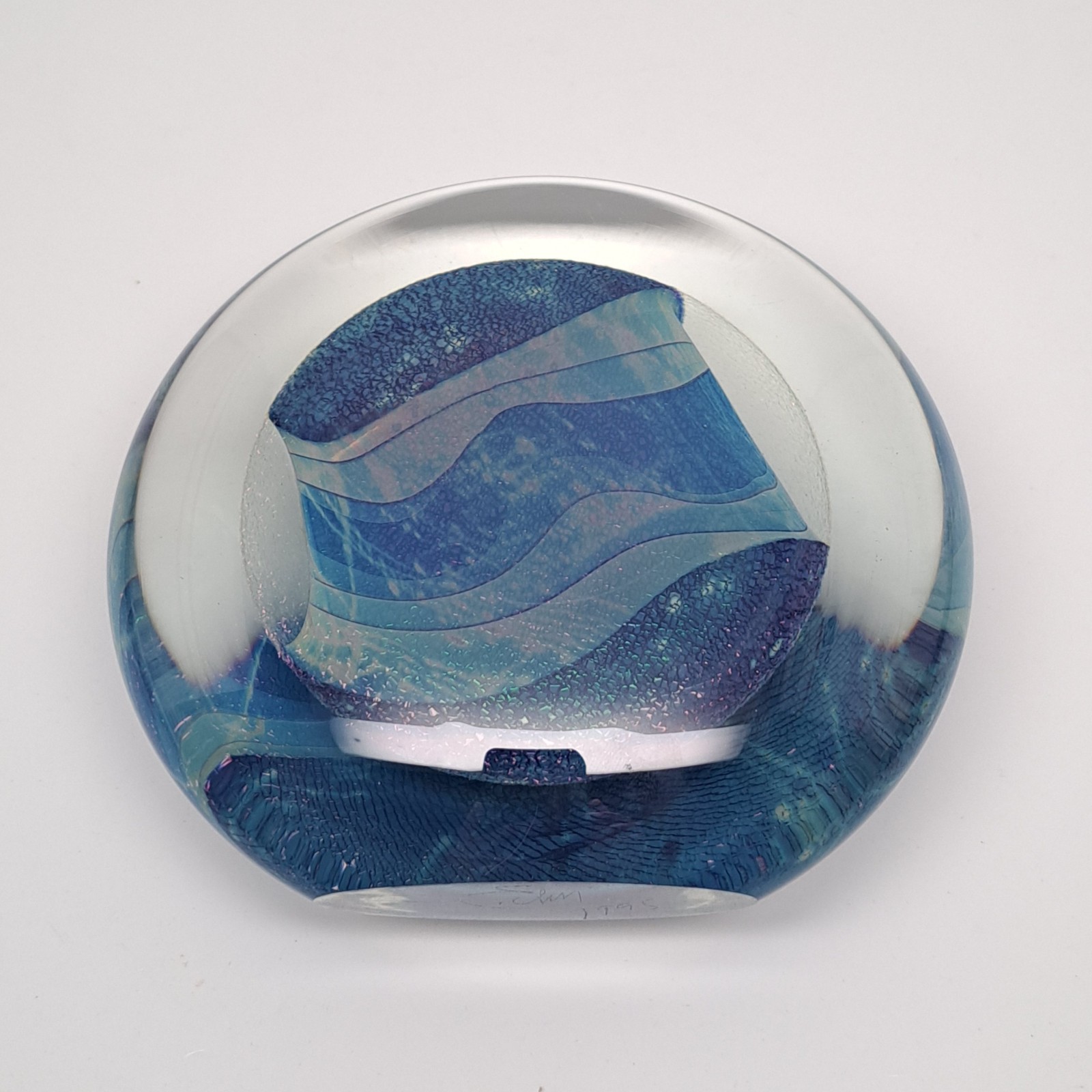 Eickholt Art Glass Paperweight 1995 Blue Seascape Dichroic Disc Double Position