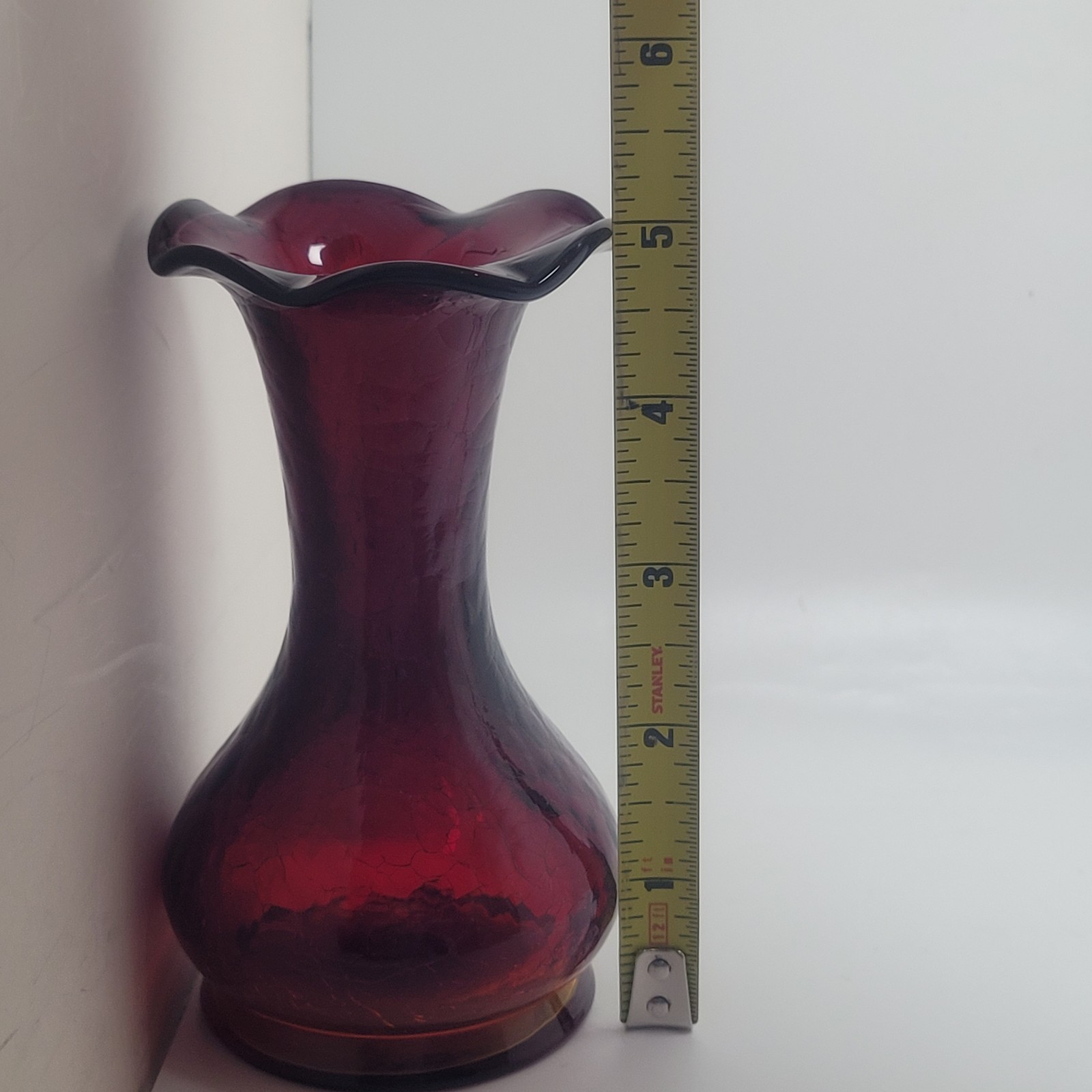 Vintage Ruby Red Crackle Glass Bud Vase 5″ Tall READ
