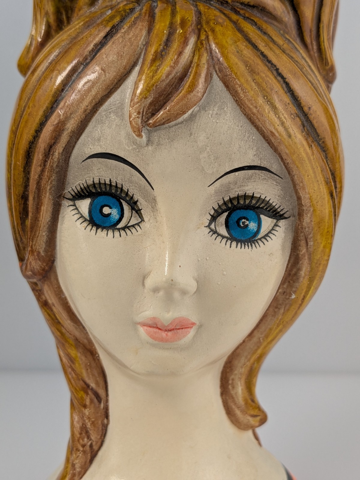 Vintage Lady Head Vase Japan 7″ Big Blue Eyes Bouffant Orange Folk Art Texture