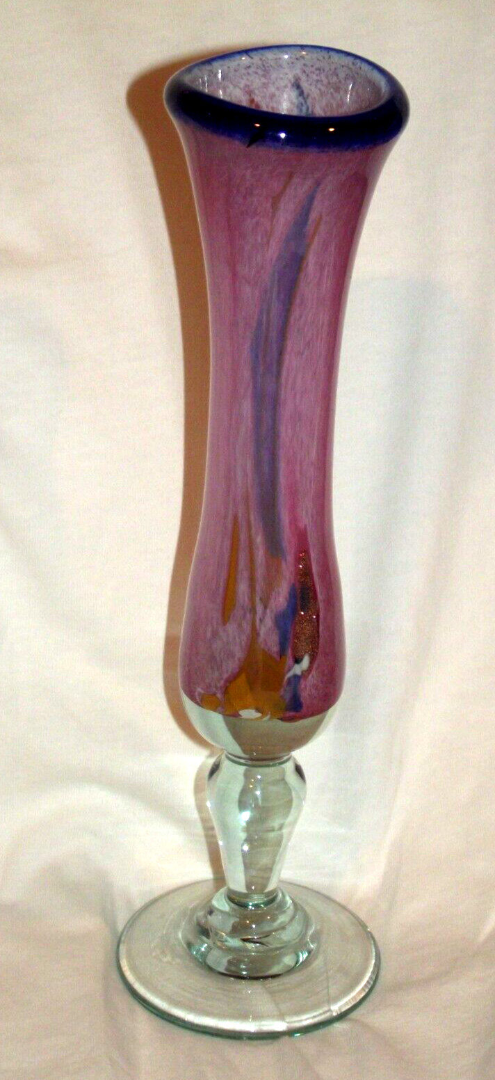 1990s Marc Biot Hand Blown Fluted Pink/Blue Art Glass Vase 10″ (26 cm) France B
