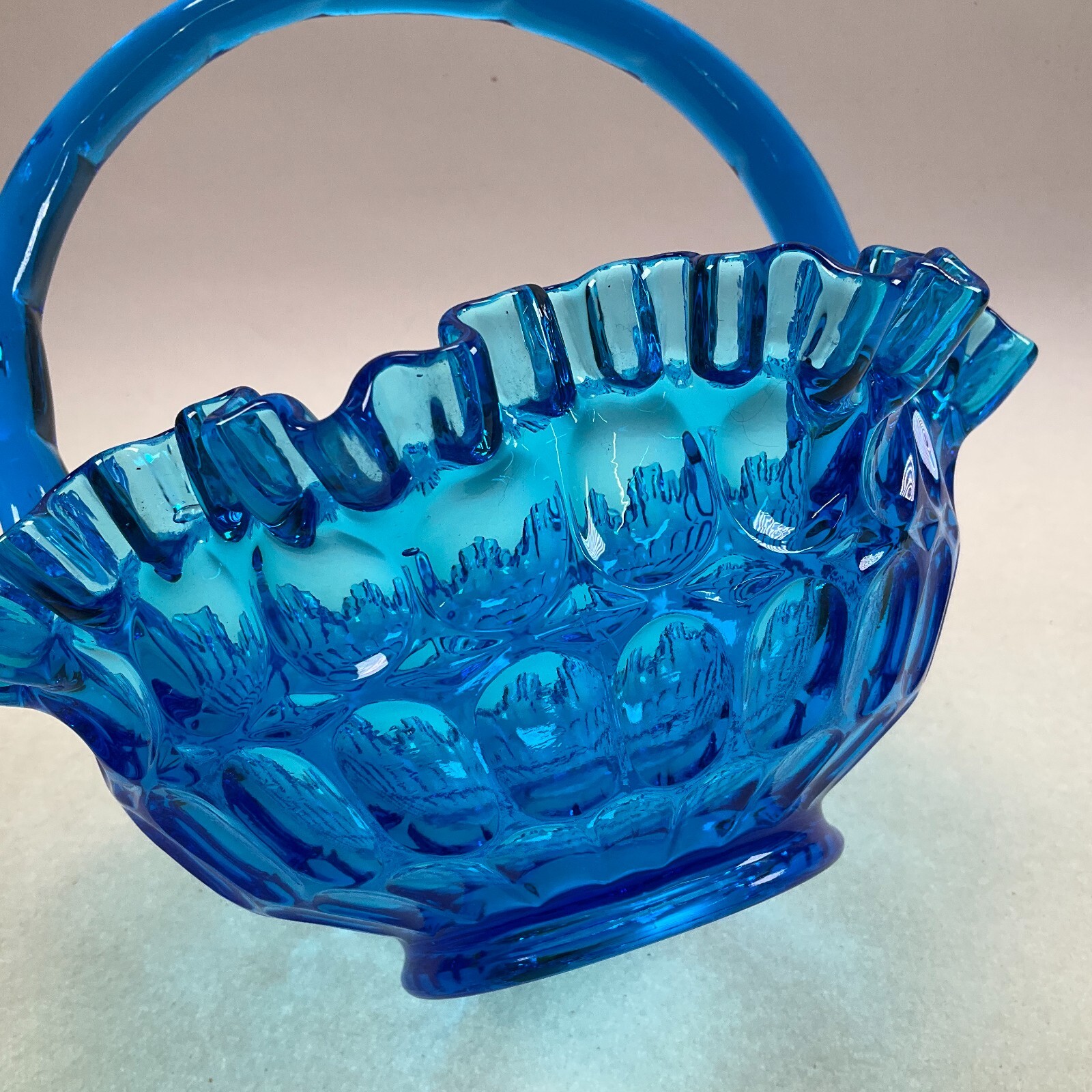 Fenton Colonial Blue Thumbprint Basket Ruffled Rim 8 1/2″ Vintage