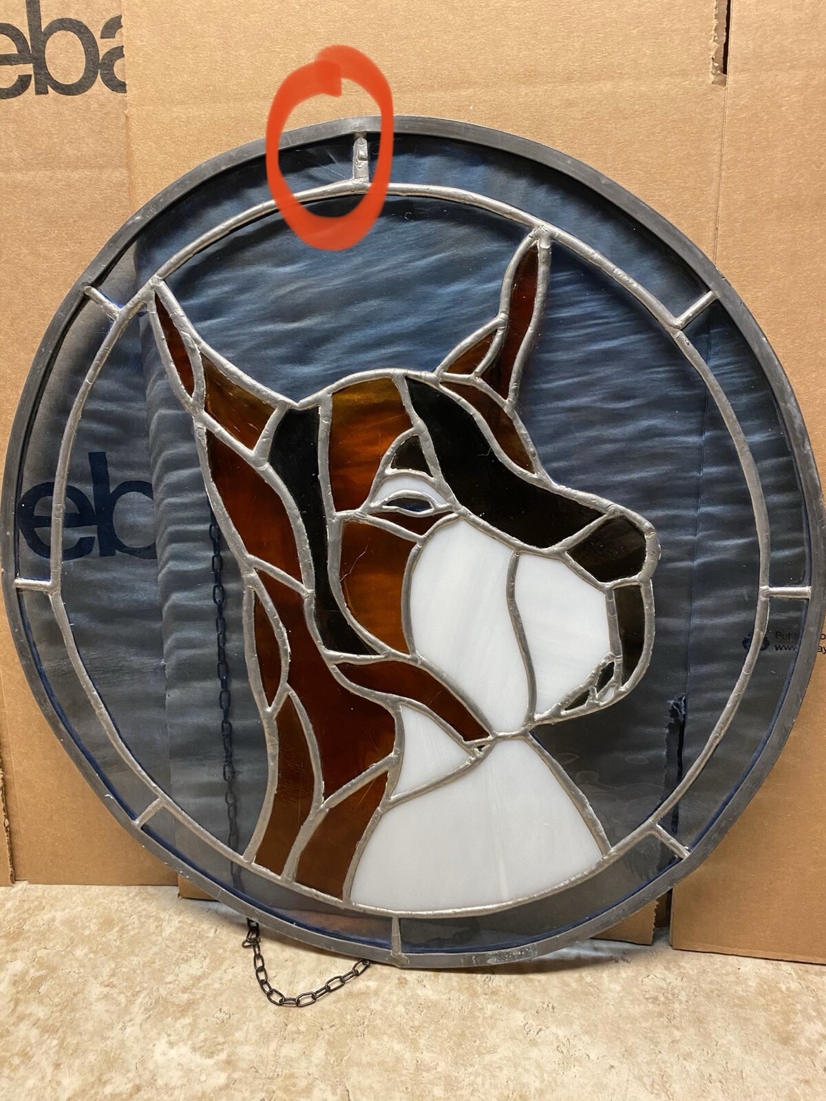 Great Dane Dog STAINED GLASS 15” Round Panel Chain Attached Big & Beautiful!!