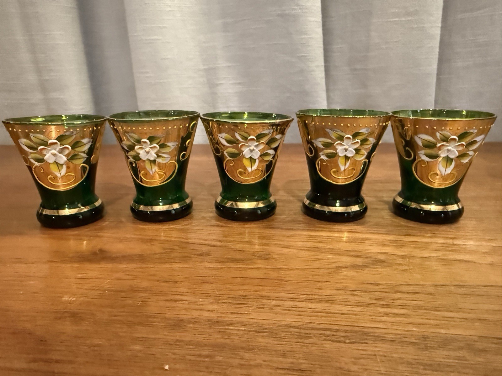 Vintage Murano Venetian Tre Fuochi Emerald 24K Gold Pitcher Platter Glasses