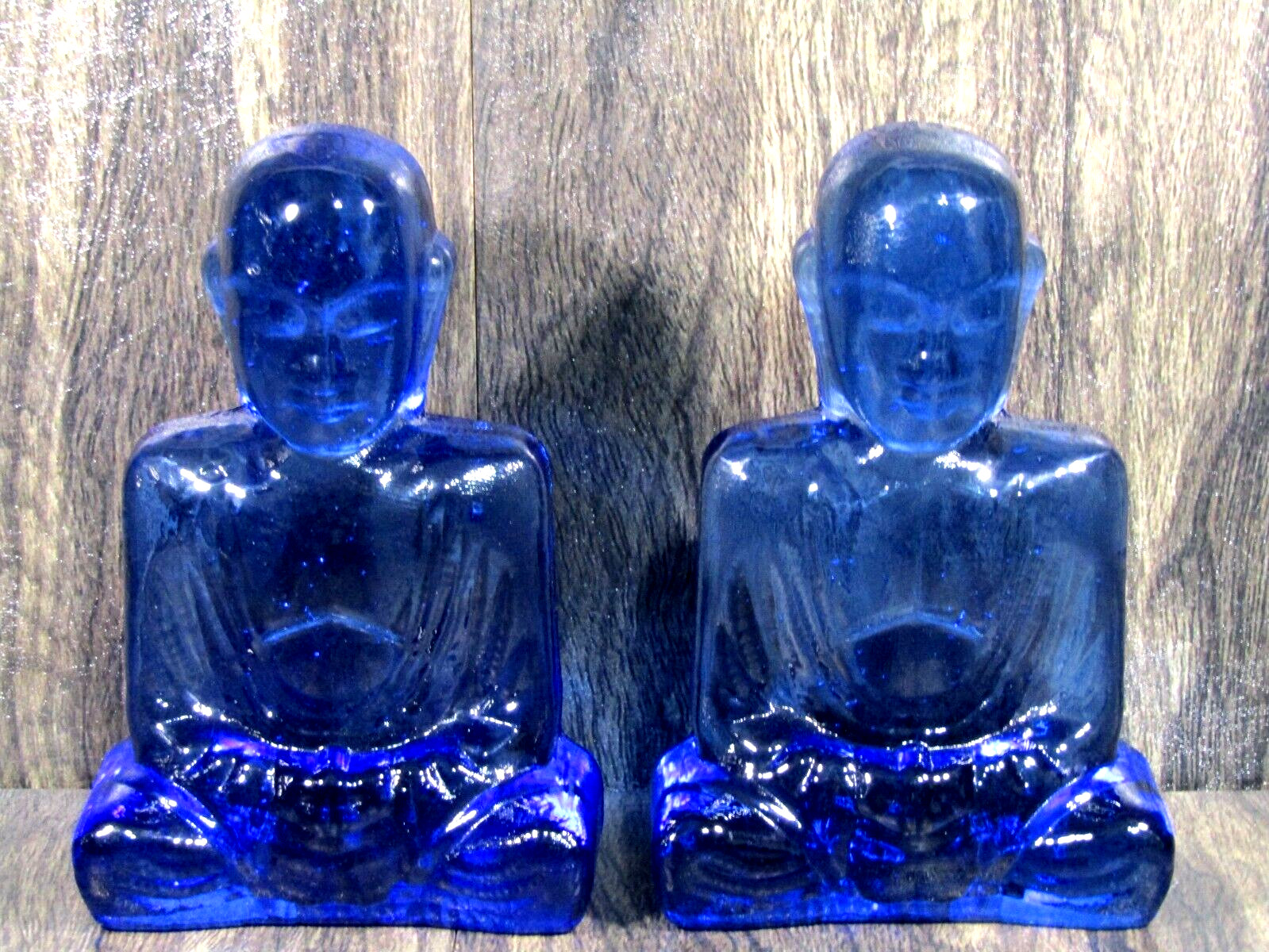 Vintage Susan Gott Cobalt Blue Buddha Bookends Pheonix Studios Art Glass Signed