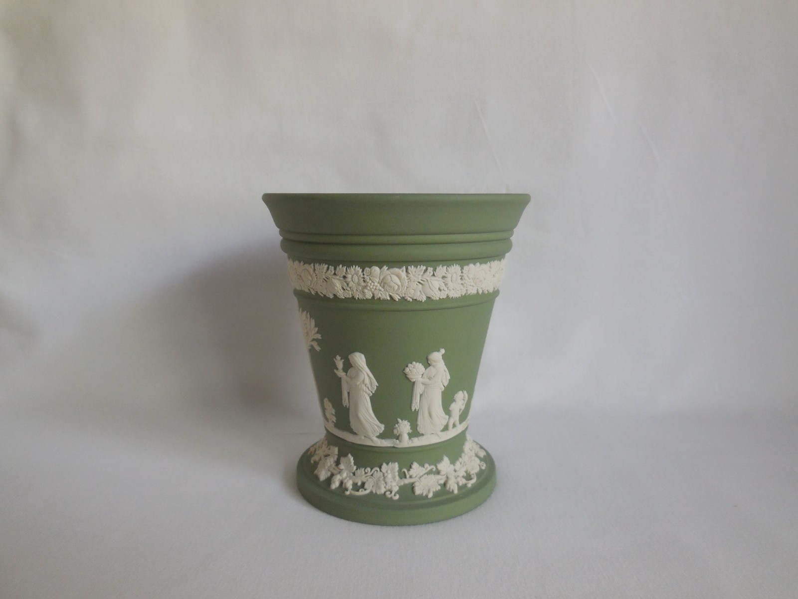 Vintage Wedgwood Sage Green Jasperware Heavy Vase With Flower Frog
