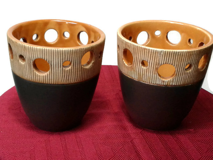 2 Small Pottery Beautiful Brown Variation Color Vase Candle Holder