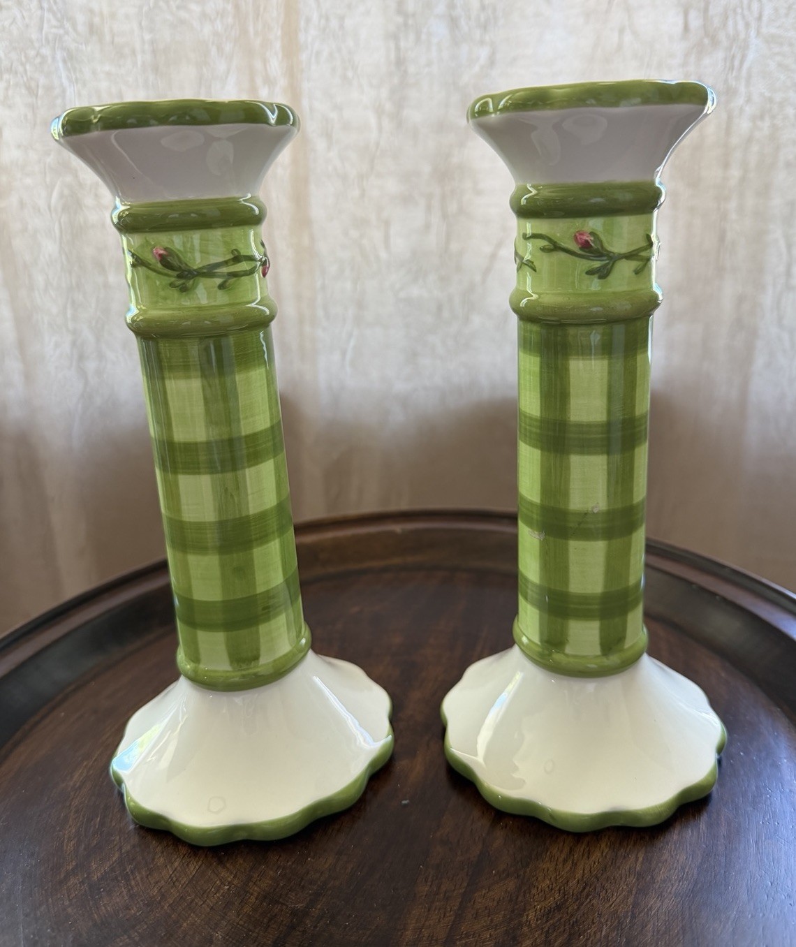 Winterthur Ceramic Taper Candle Holders Pair Green White Check Vintage 1998 9in