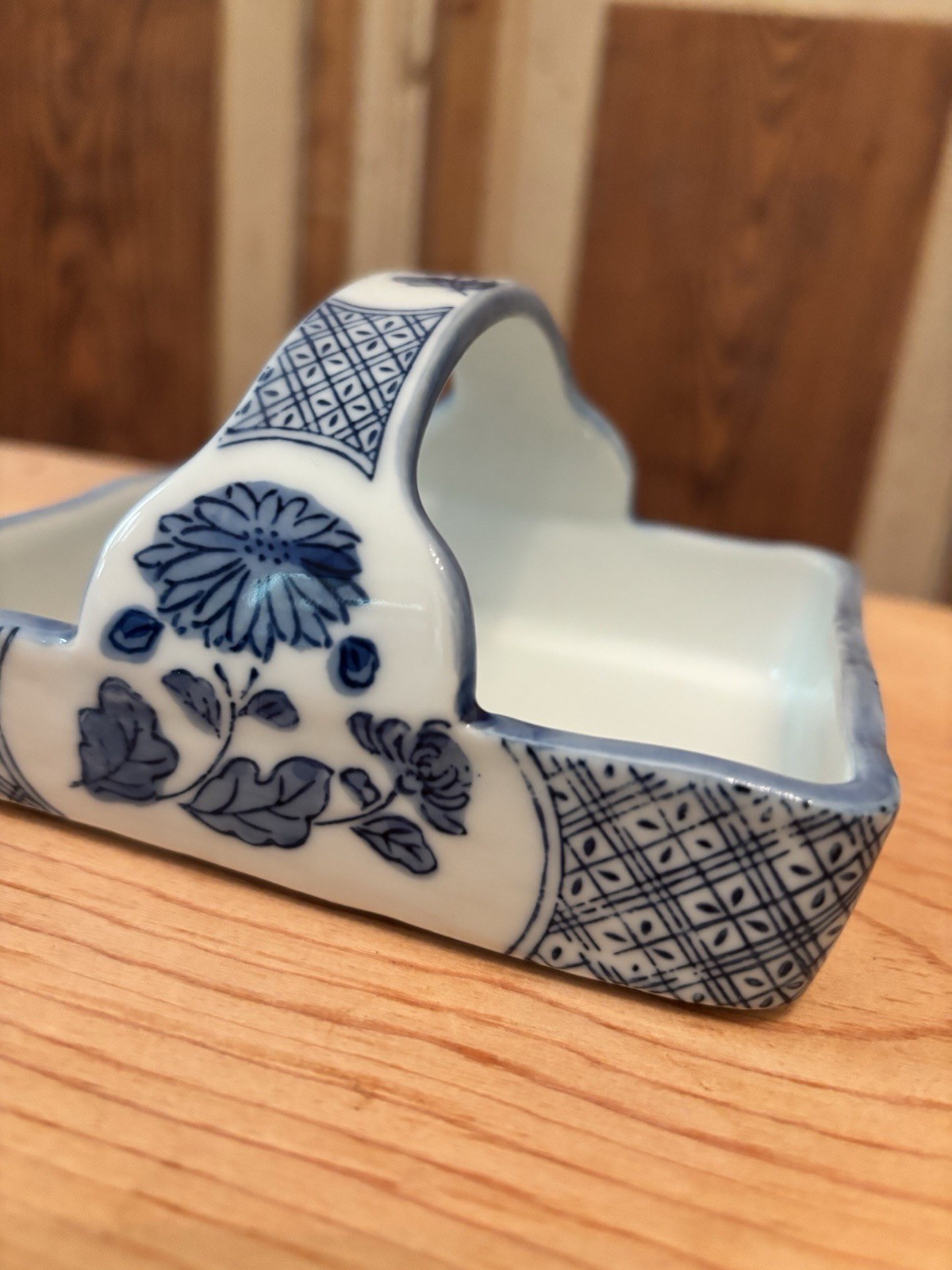 Ceramic Blue & White Floral Divided Decorative Basket Tray, Glossy 5x4x3″