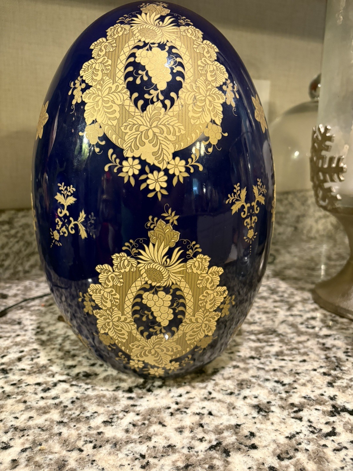 Gold Gilded 12″ hi cobalt and gold gilded porcelain egg Limoges style