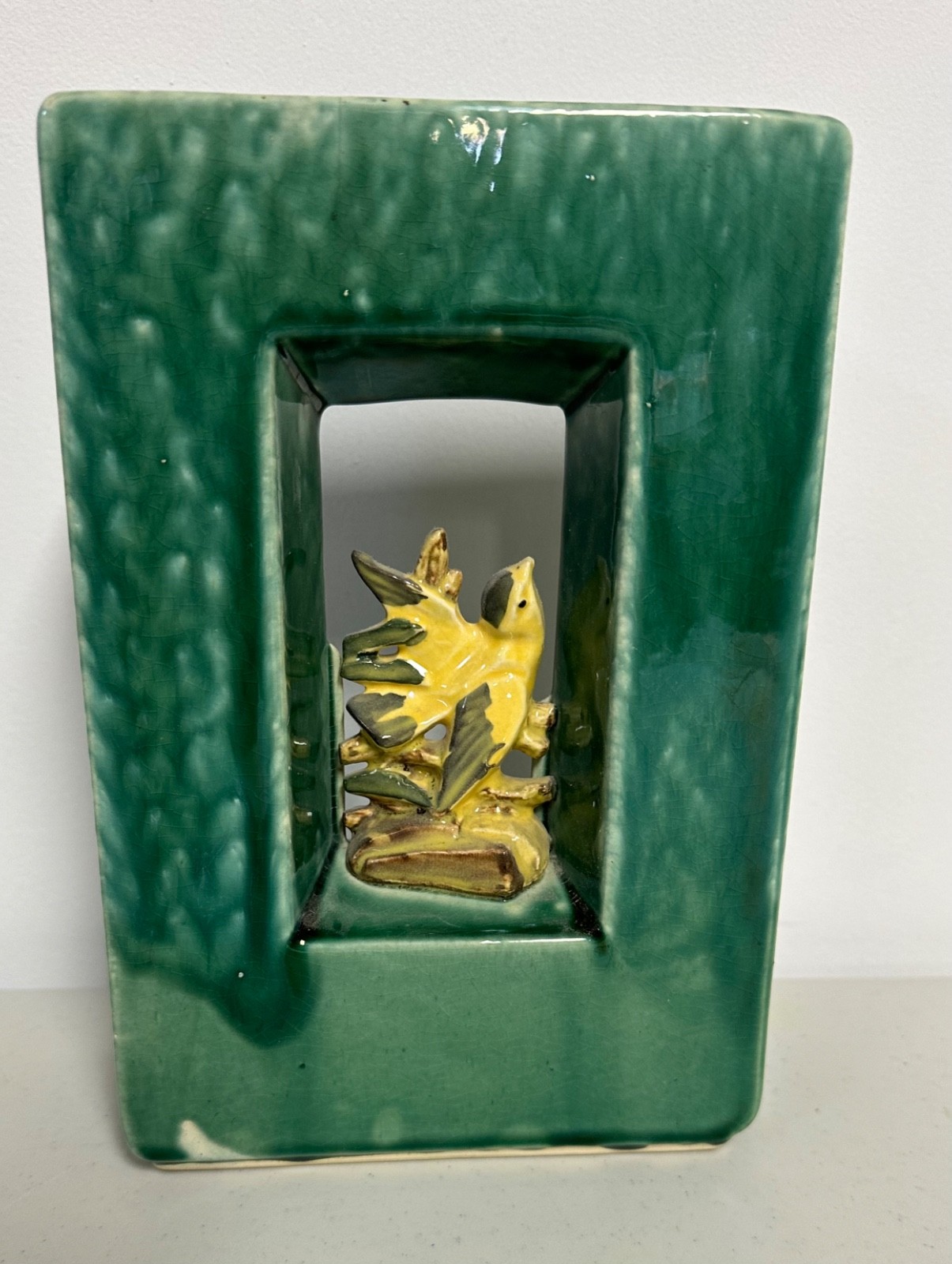 MCCOY Green Pottery Arcature Yellow Bird Rectangular Vase 9.25″ x 6″