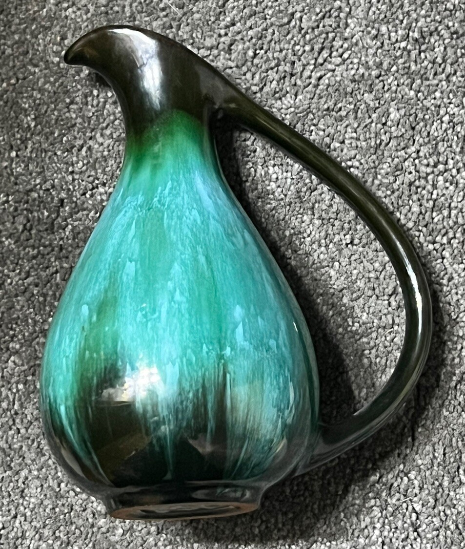Vintage MCM Blue Mountain Pottery Ewer Vase Jug Pitcher 7″ Blue Green Drip Glaze