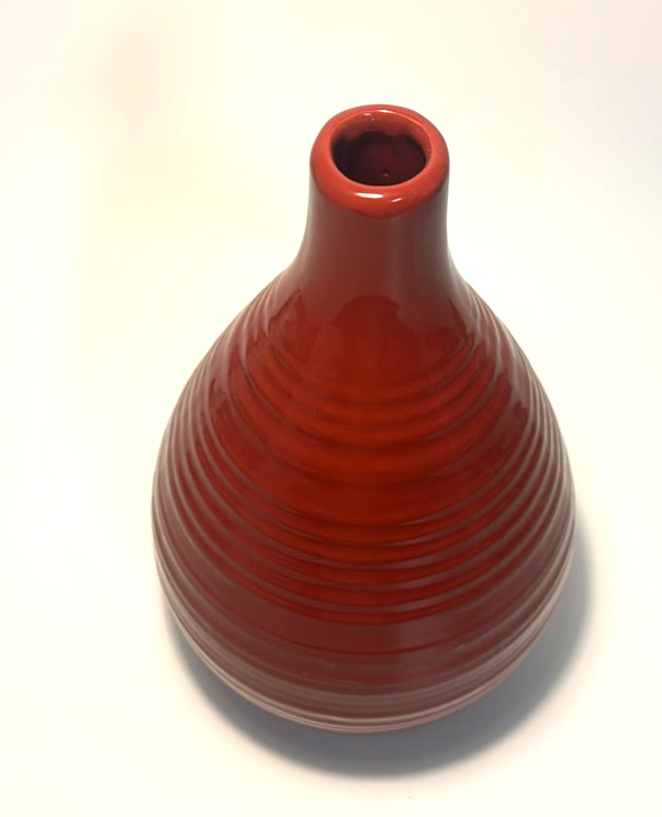 Crate & Barrel Red Ribbed Ceramic Teardrop Vase Bulbous Decor