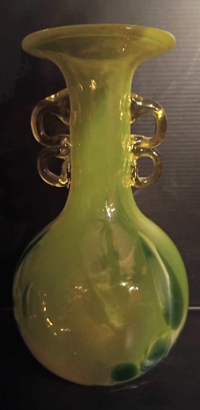 Vintage Hand Blown Yellow Art Glass Vase Cadmium UV Reactive Handles! 8.5″ Tall!