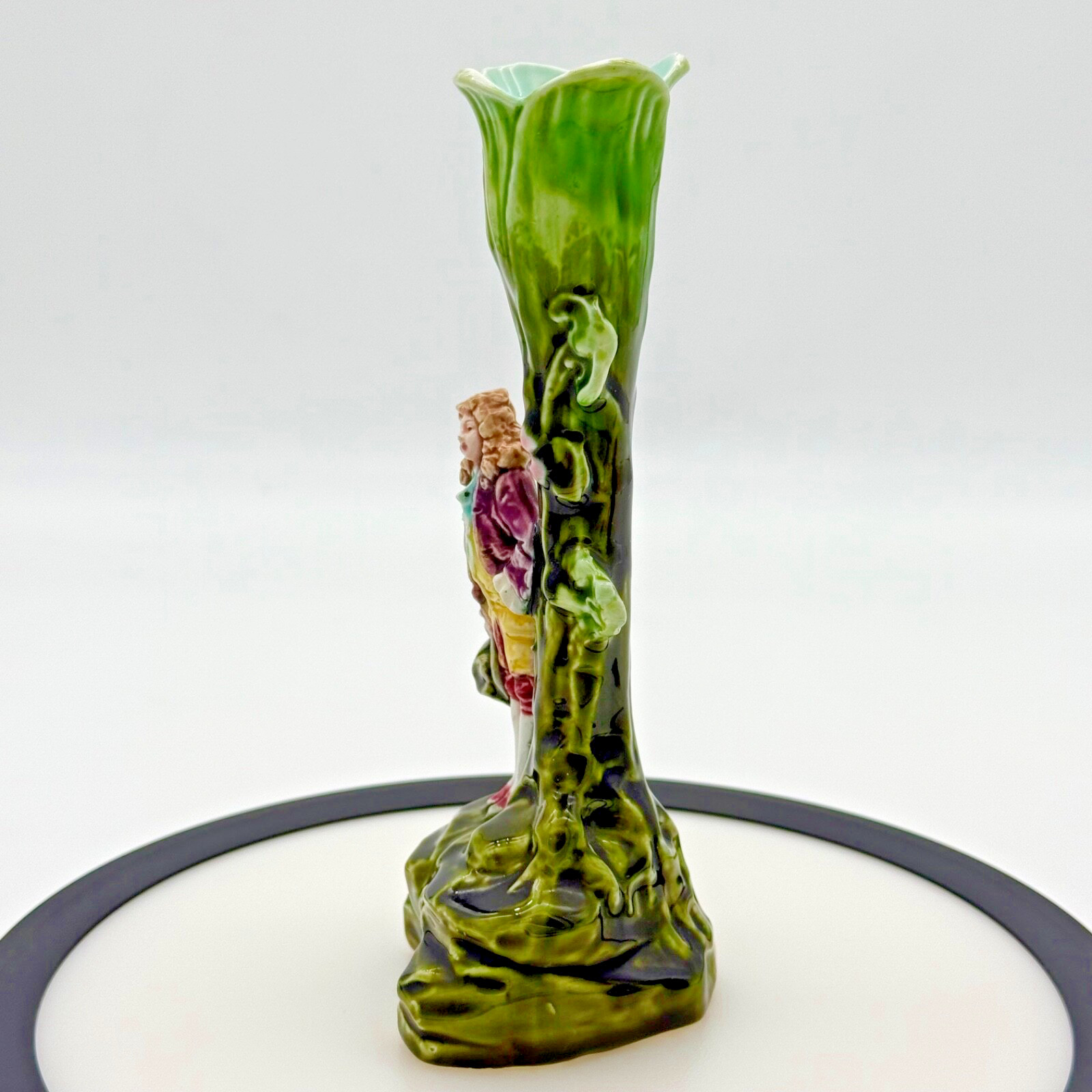 Antique French Majolica Bud Vase Figural Pottery Spill Vase Read