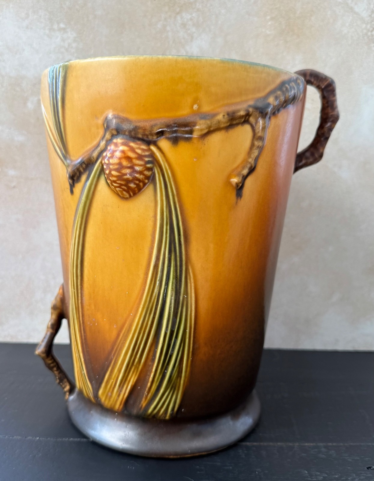 VINTAGE 1930’S ROSEVILLE BROWN PINE CONE WIDE MOUTH VASE #706-8…8.5” X 6”