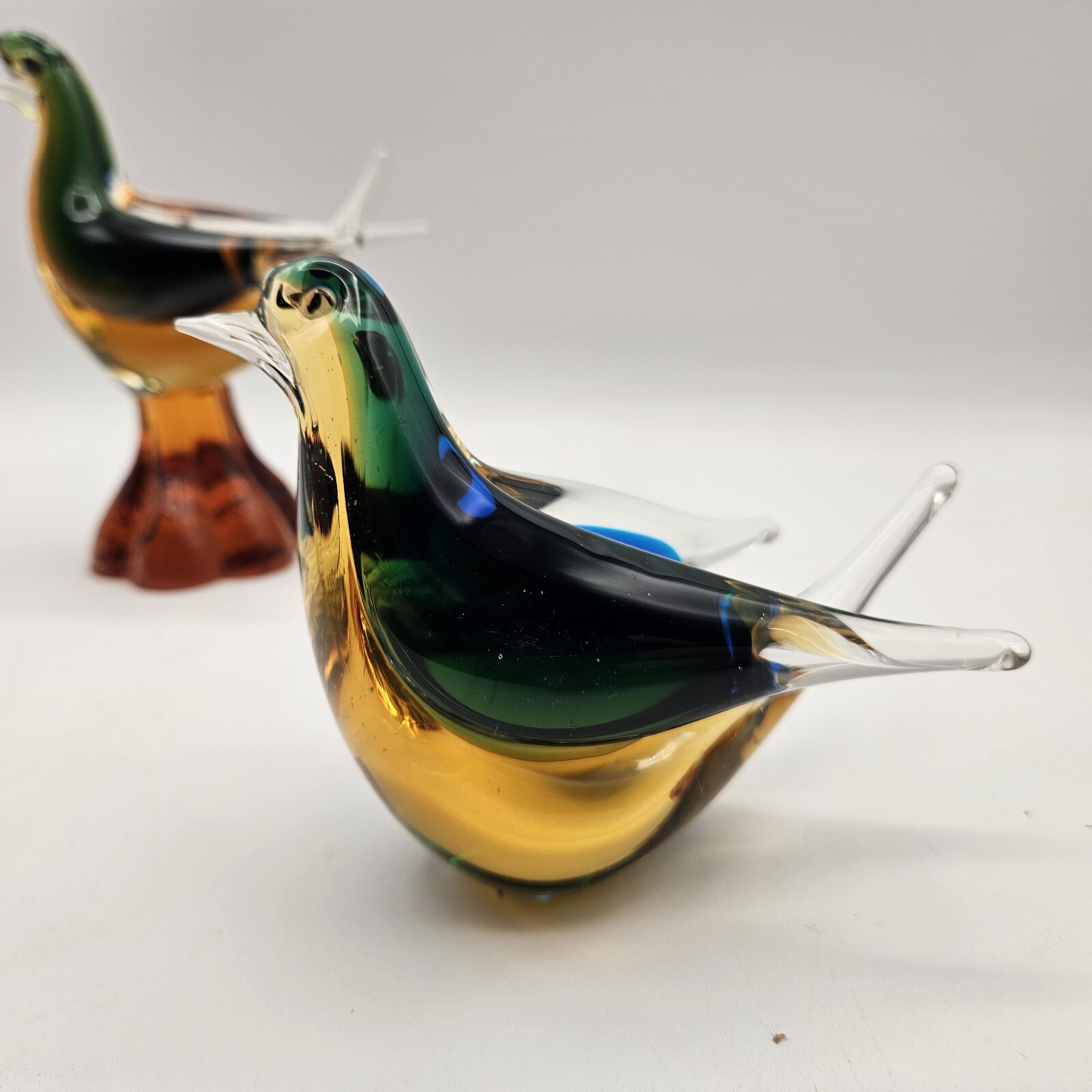 VTG Set Of 2 Murano Art Glass Birds Doves Green Blue Yellow Amber W/ Sticker