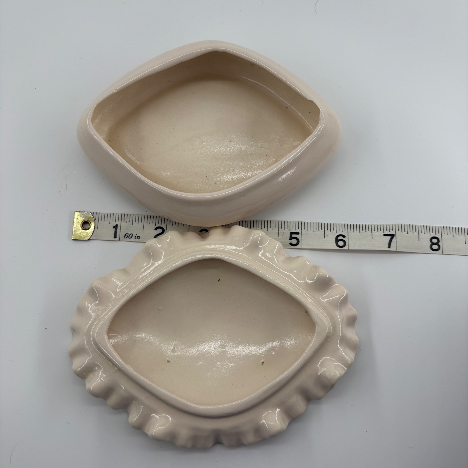 Vintage Mid-Century Pink Ceramic Diamond Trinket Box with Ruffled Lid
