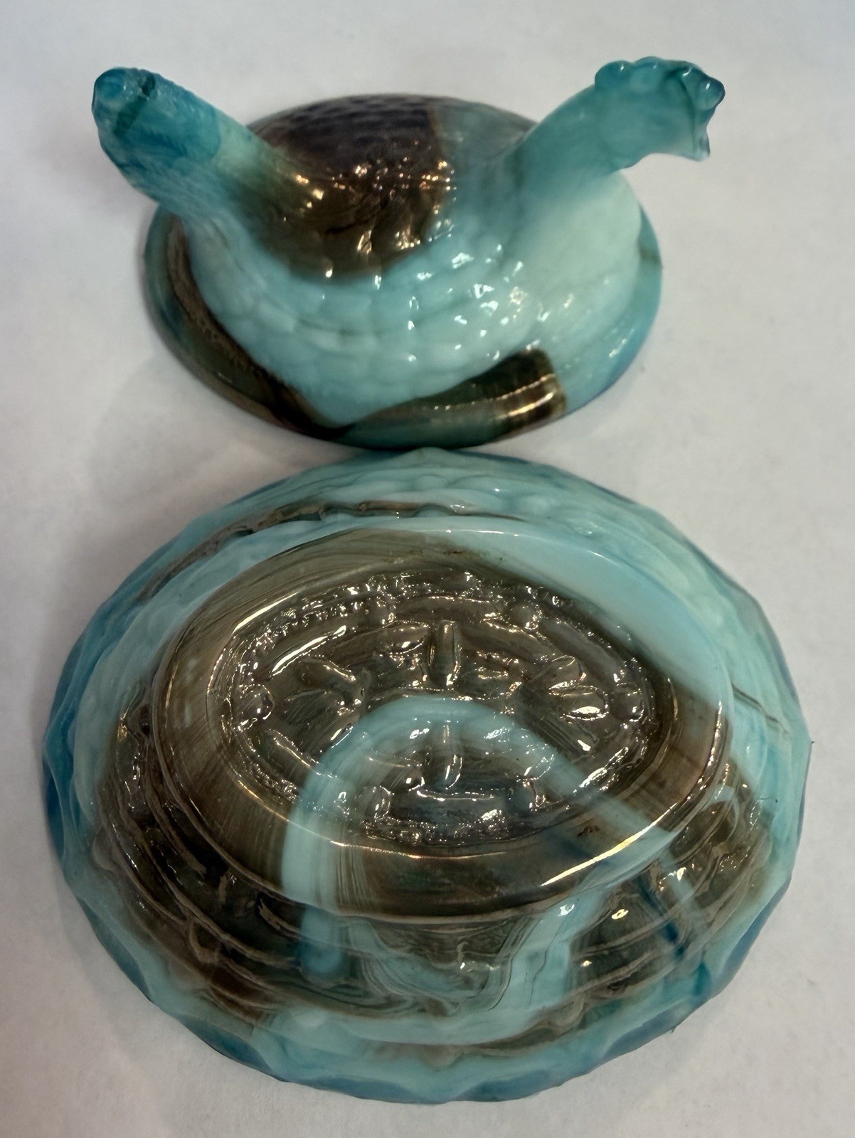 Boyd Glass Hen On Nest Salt Cellar Swirled Aruba Slag Aqua Bronze