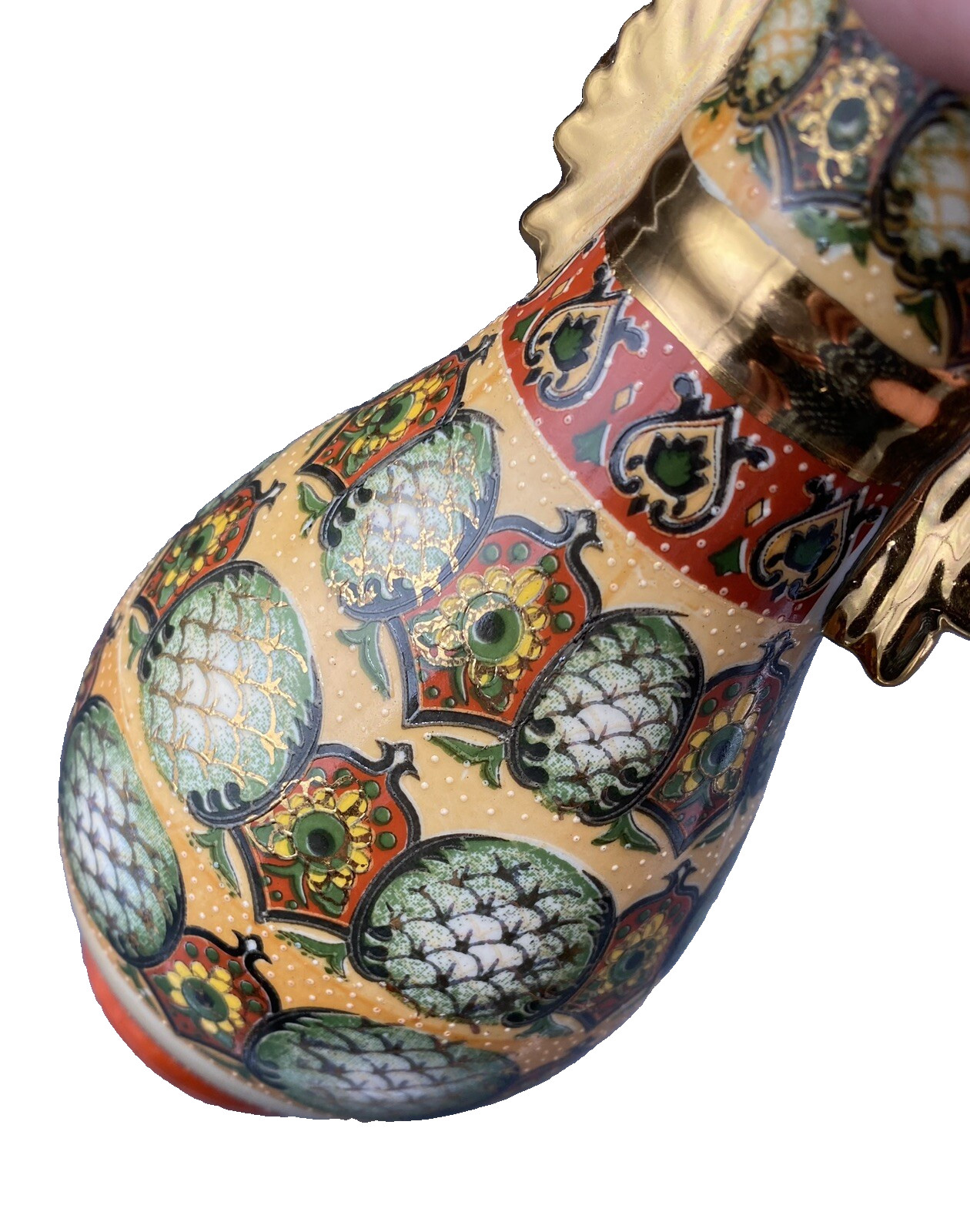 Vintage Porcelain Cloisonne Vase, Gold Wing Handles, Green/Red/Gold Design, 8″