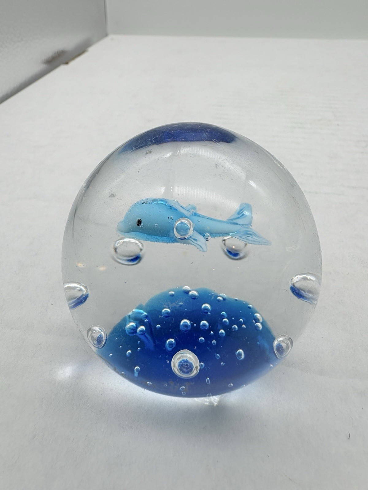 Hand Blown Art Glass Paperweight Dolphin’s Ocean Water Bubbles Mica Blue Sea
