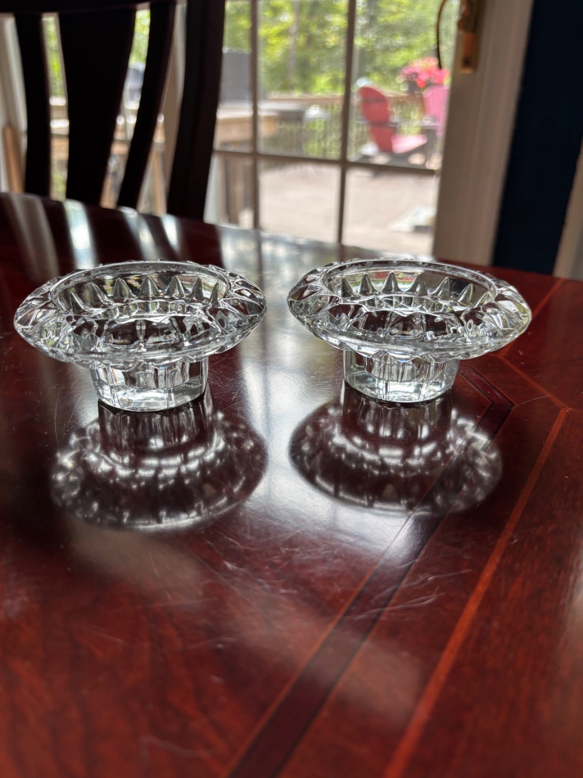 PAIR OF KIG INDONESIA TAPER OR TEALIGHT CLEAR GLASS CANDLE HOLDERS 1-3/4″ HIGH