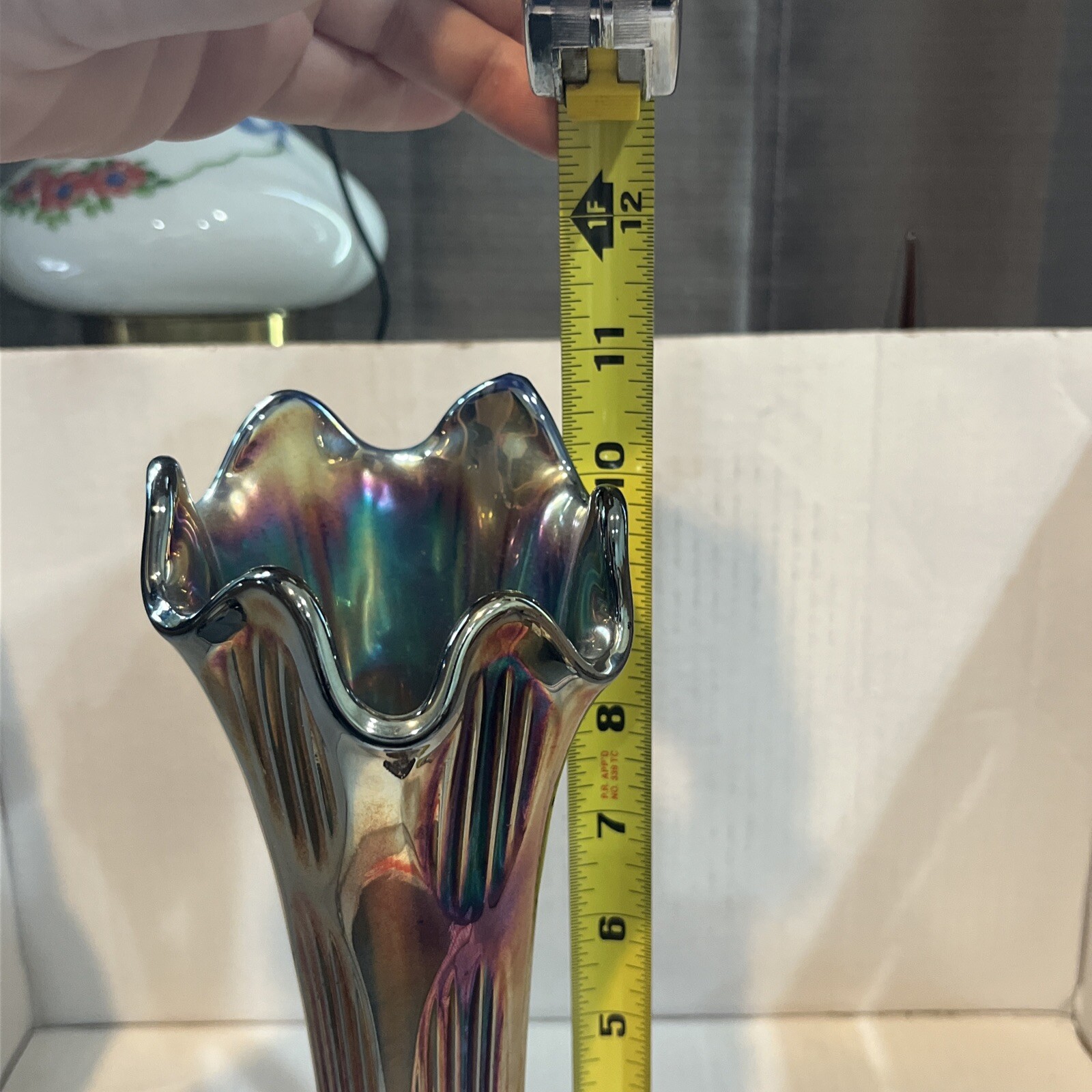 Vintage Fenton Diamond & Rib Cobalt Blue Carnival Glass Swung Vase Apprx 10 3/4”