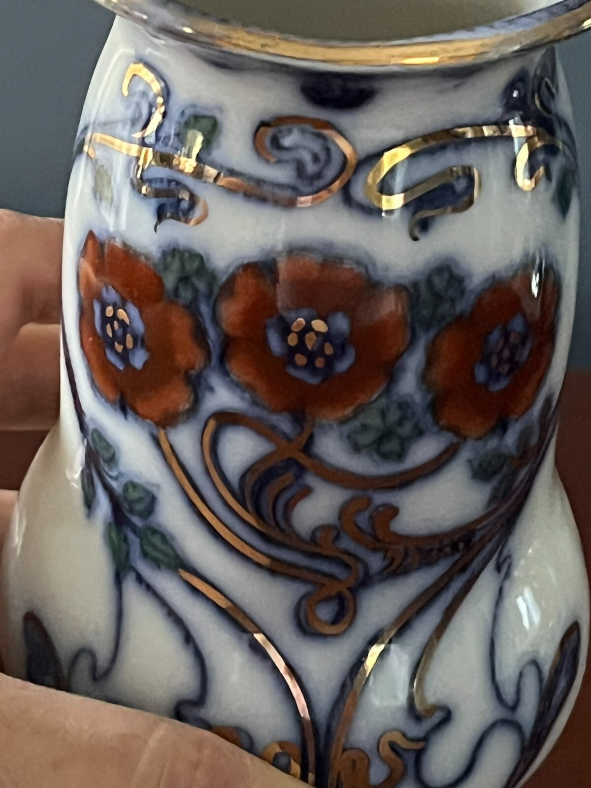 ANTIQUE FURNIVALS ENGLAND NILE FLOW BLUE ORANGE GOLD 6″ VASE 1903-04 RARE!