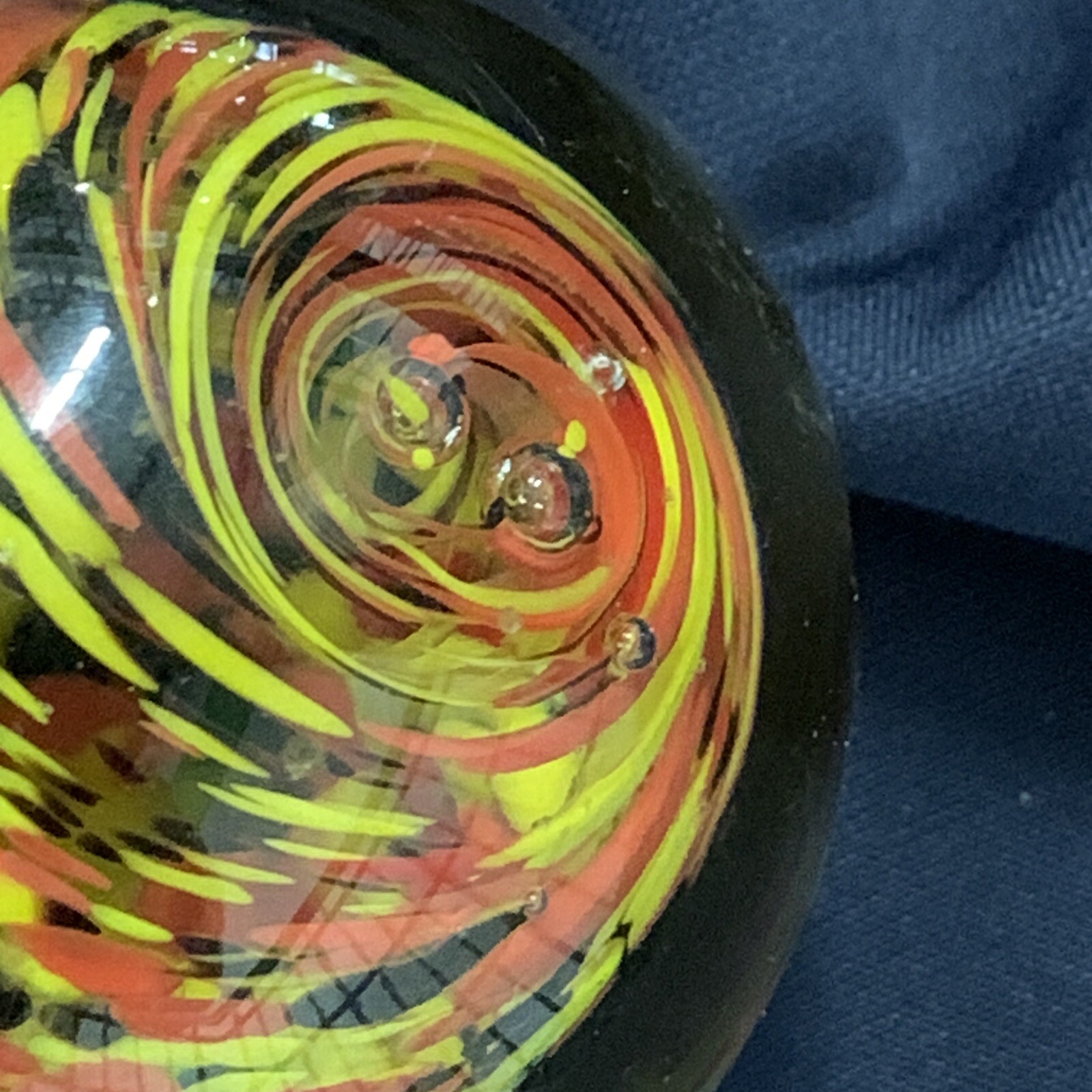 Vintage Glass Paperweight Hand Blown Round Sphere Red Yellow Black White Speckle
