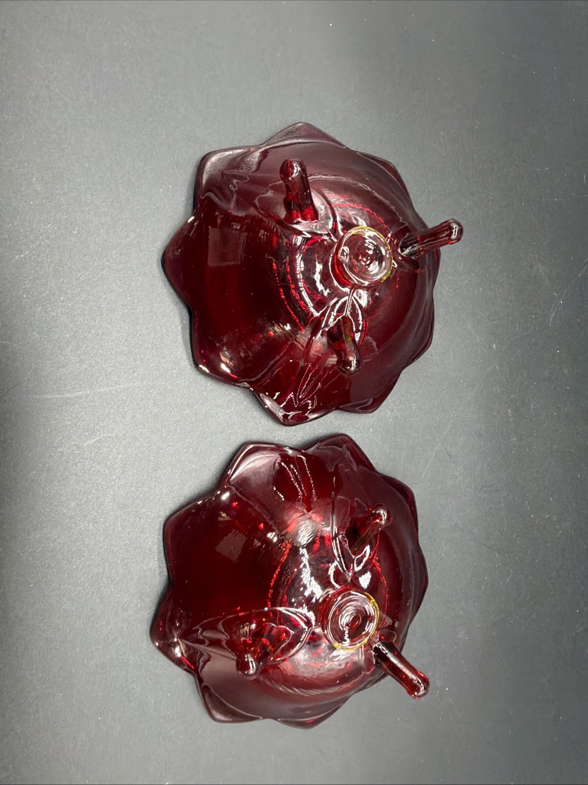 Vintage Fenton Ruby Red Amberina Lotus Candle Stick Holders Set Of 2